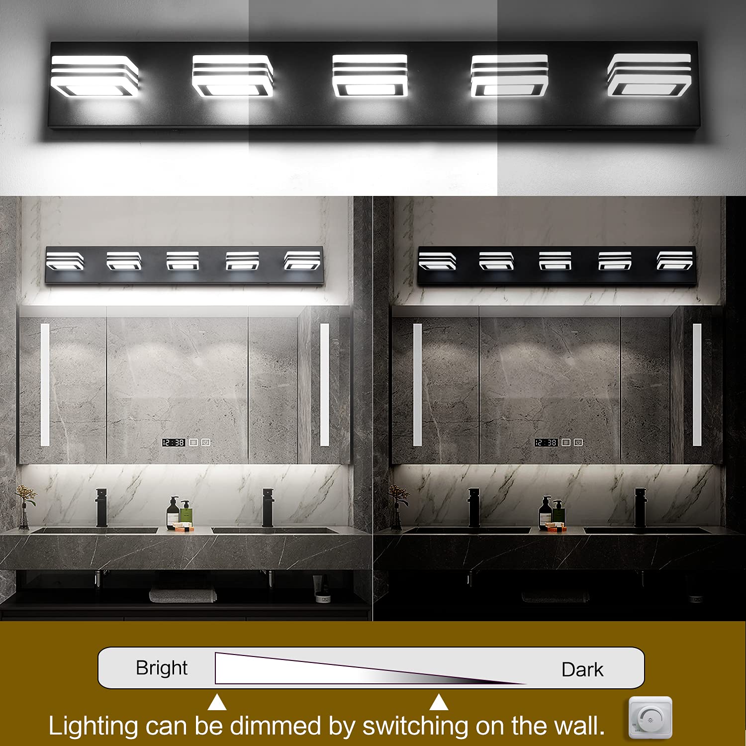 SOLFART Black LED Bathroom Vanity Light Fixtures - 5-Light Modern Mirror Lighting for Bathroom, Dressing Room & Makeup Area - Energy Efficient Waterproof Vanity Lights for Home Decor