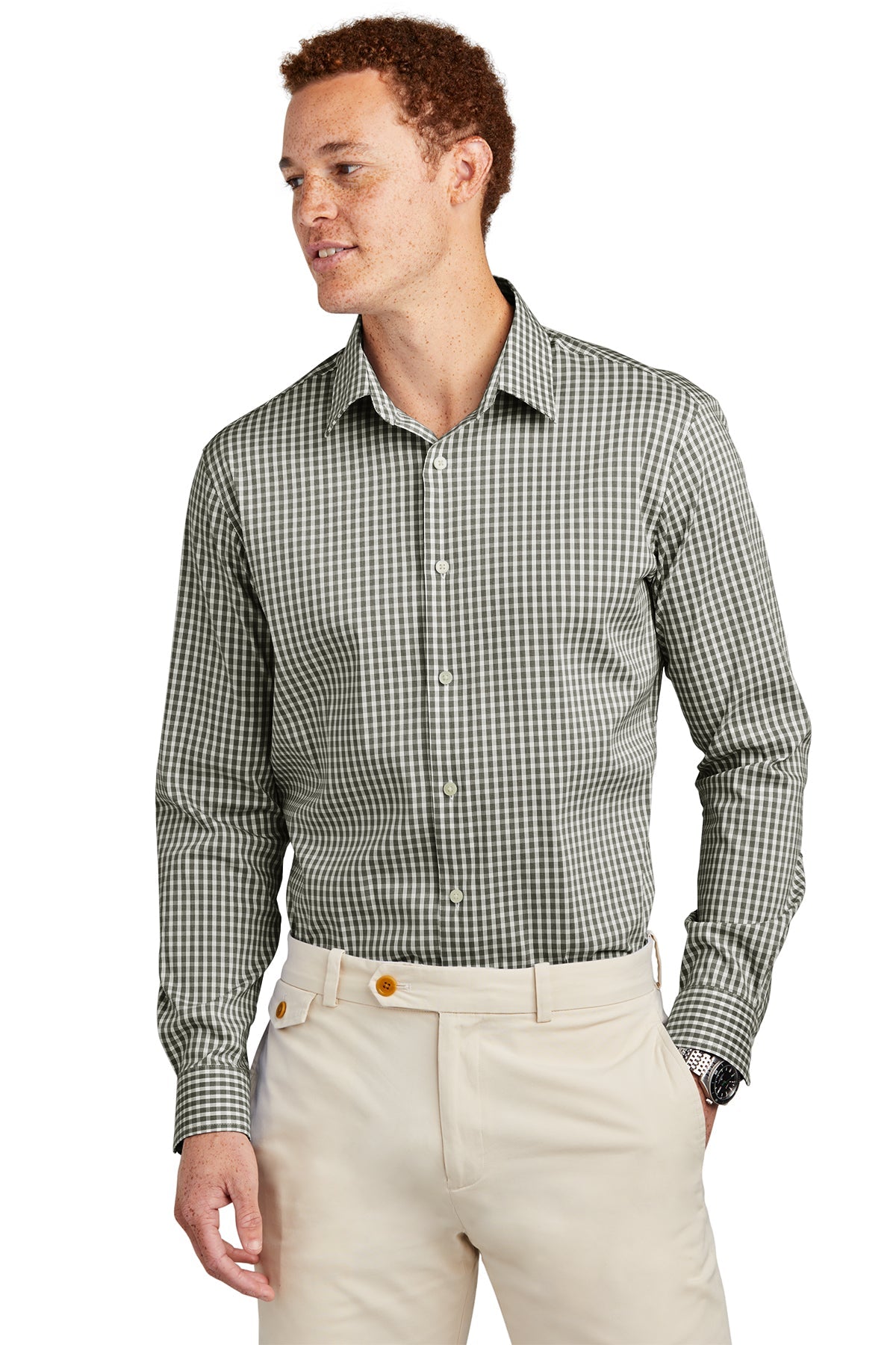 Brooks Brothers Men's Tech Stretch Patterned Dress Shirt - Deep Black Check Plaid - Comfortable Office & Business Casual Wear
