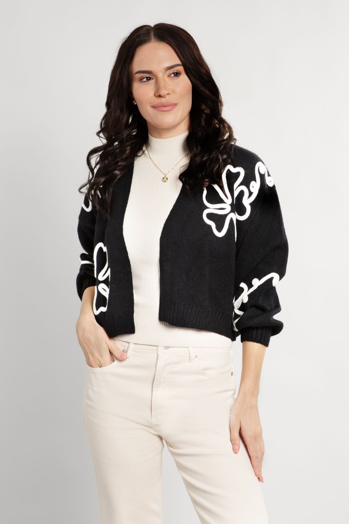 Cropped Floral Cardigan Squiggle - Women's Lightweight Knit Sweater for Spring & Summer - Perfect for Casual Outfits, Beach Cover-Ups, and Layering