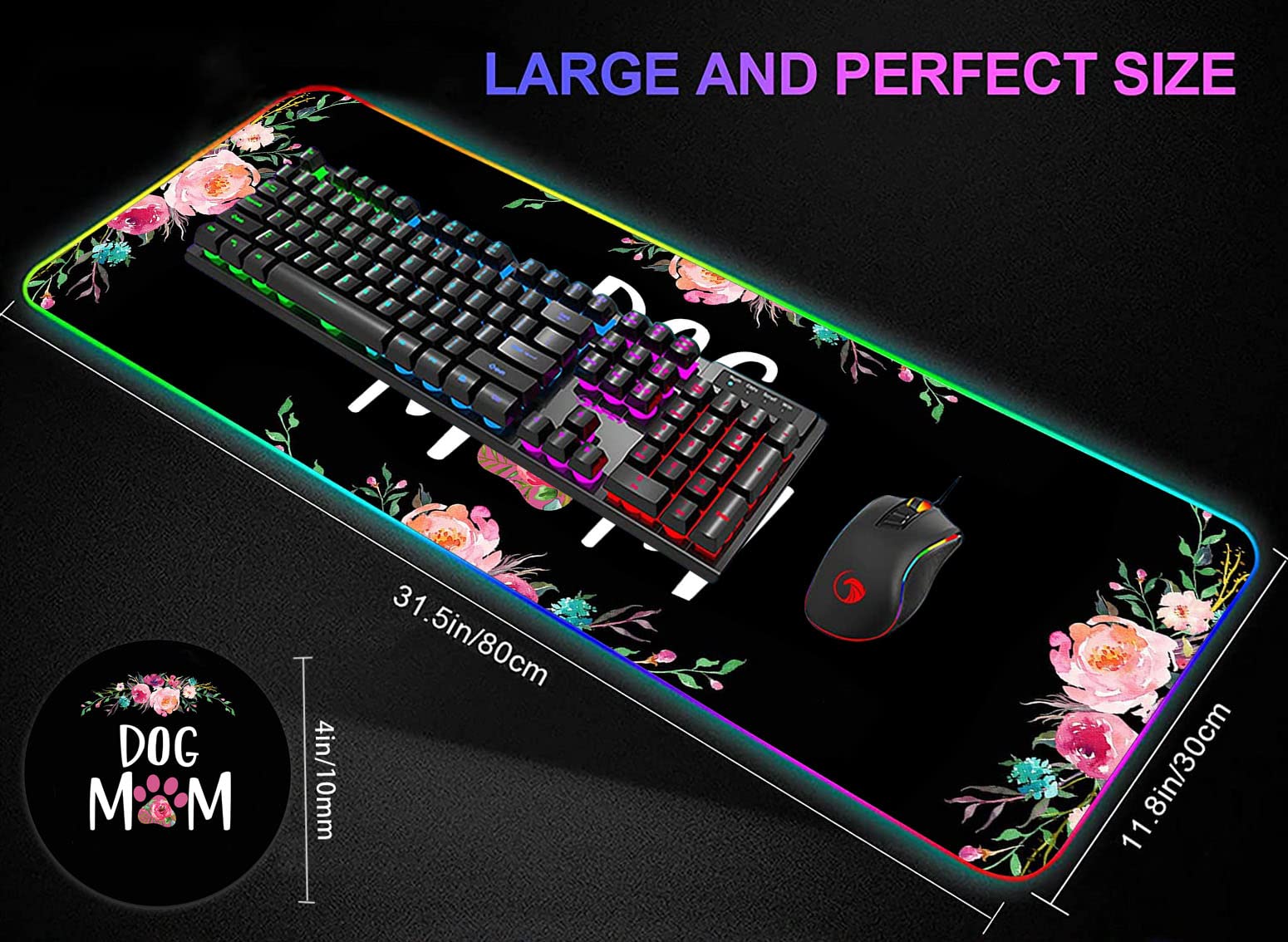 RGB Gaming Mouse Pad - Large LED Light-Up Desk Mat with Non-Slip Waterproof Surface | Floral Design for Gamers & Dog Lovers | Perfect for PC Gaming, Office Work & Home Decor