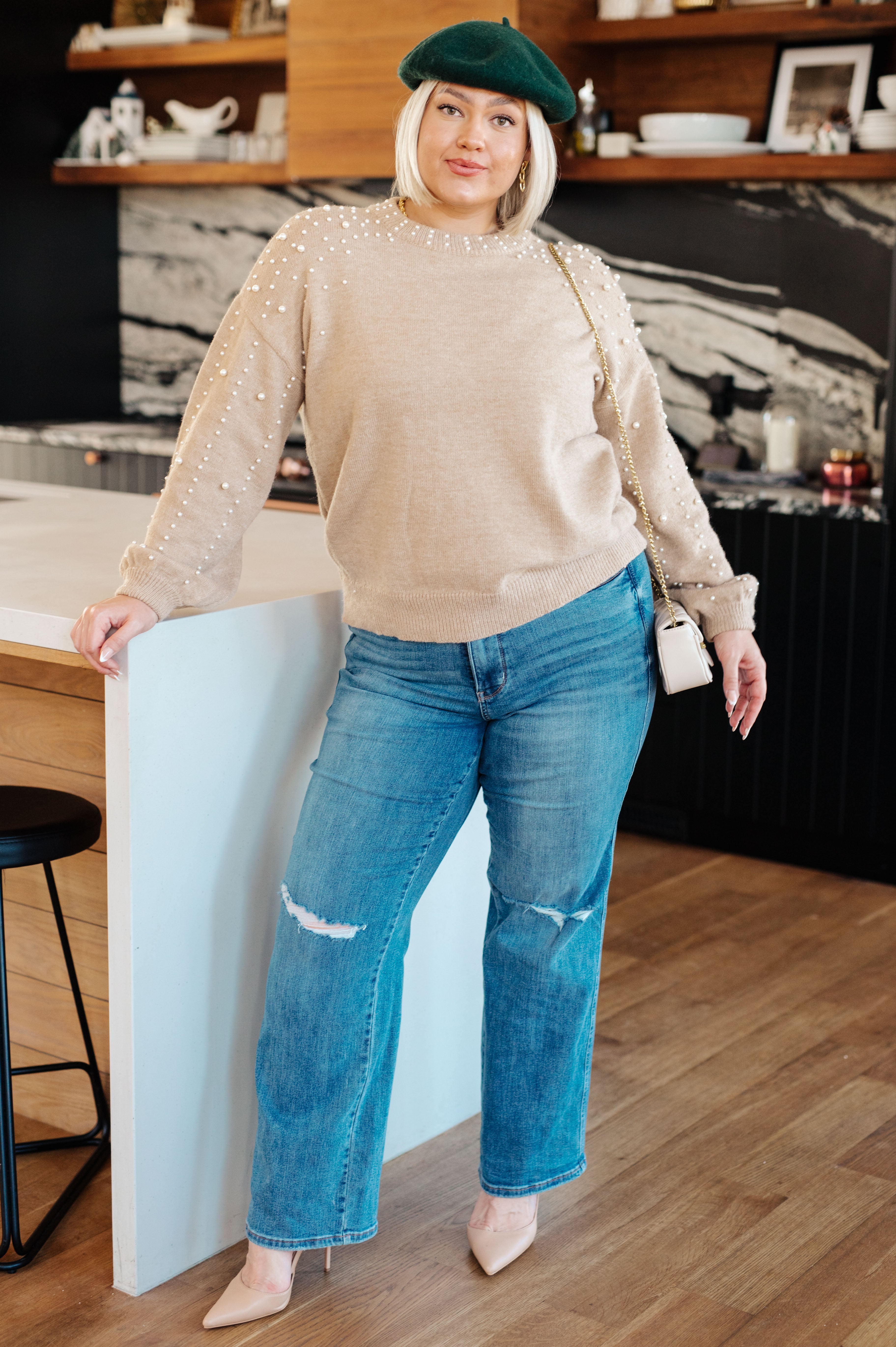 Elegant String Me Along Pearl Accent Sweater - Women's Chic Knit Pullover with Pearl Details for Casual Wear & Office Outfits