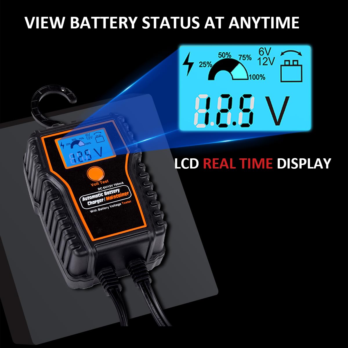 12V 750mA Automatic Battery Trickle Charger & Maintainer with LCD Display - for Motorcycle, ATV, Lawn Mower, Car, Boat - Keep Batteries Charged in Storage & Winter Months