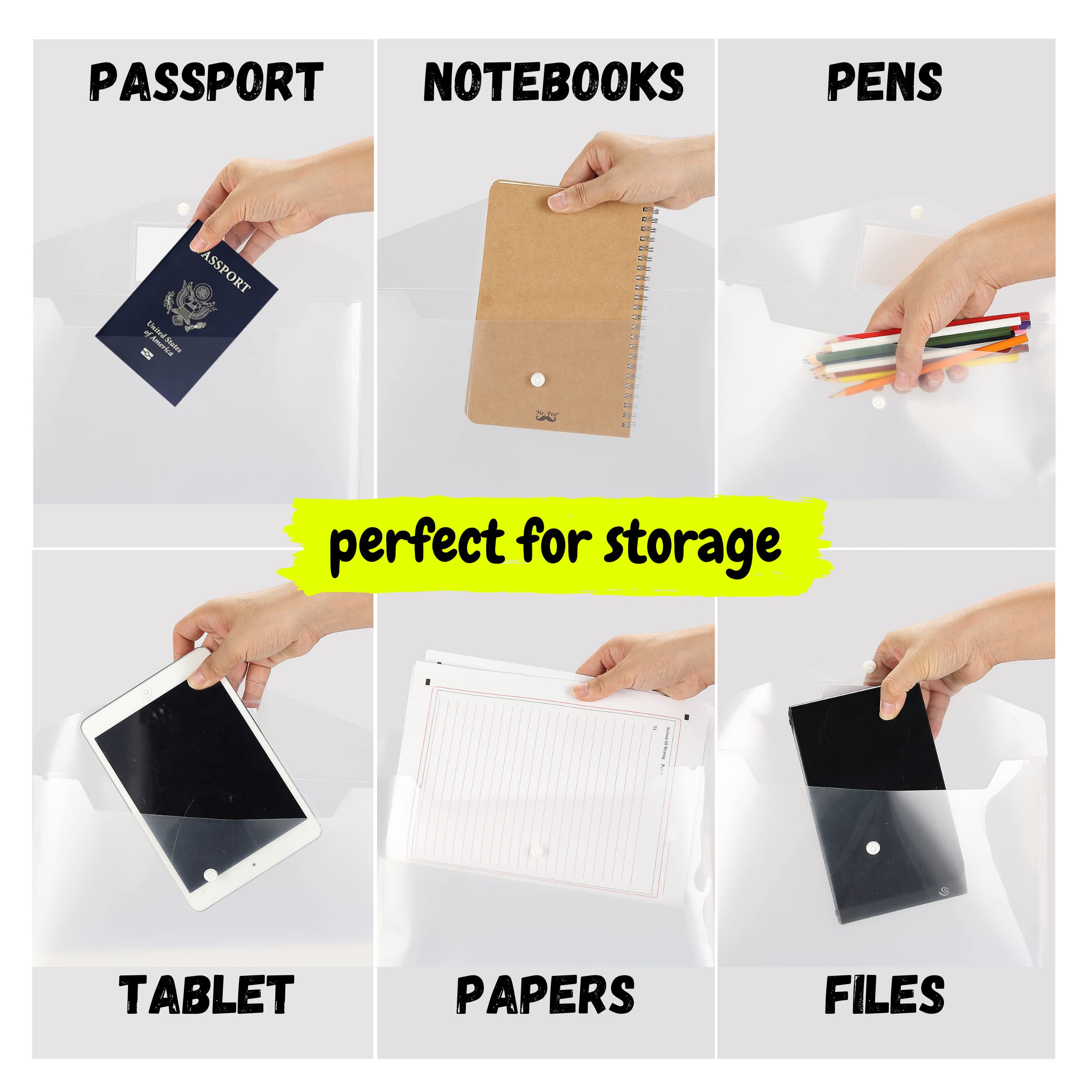 Mr. Pen Clear Plastic Envelopes - 4 Pack A4 Letter Size Snap Closure Poly Envelopes | Waterproof Document Holders for School, Office & Mailing | Folders for Papers, Photos & Important Documents