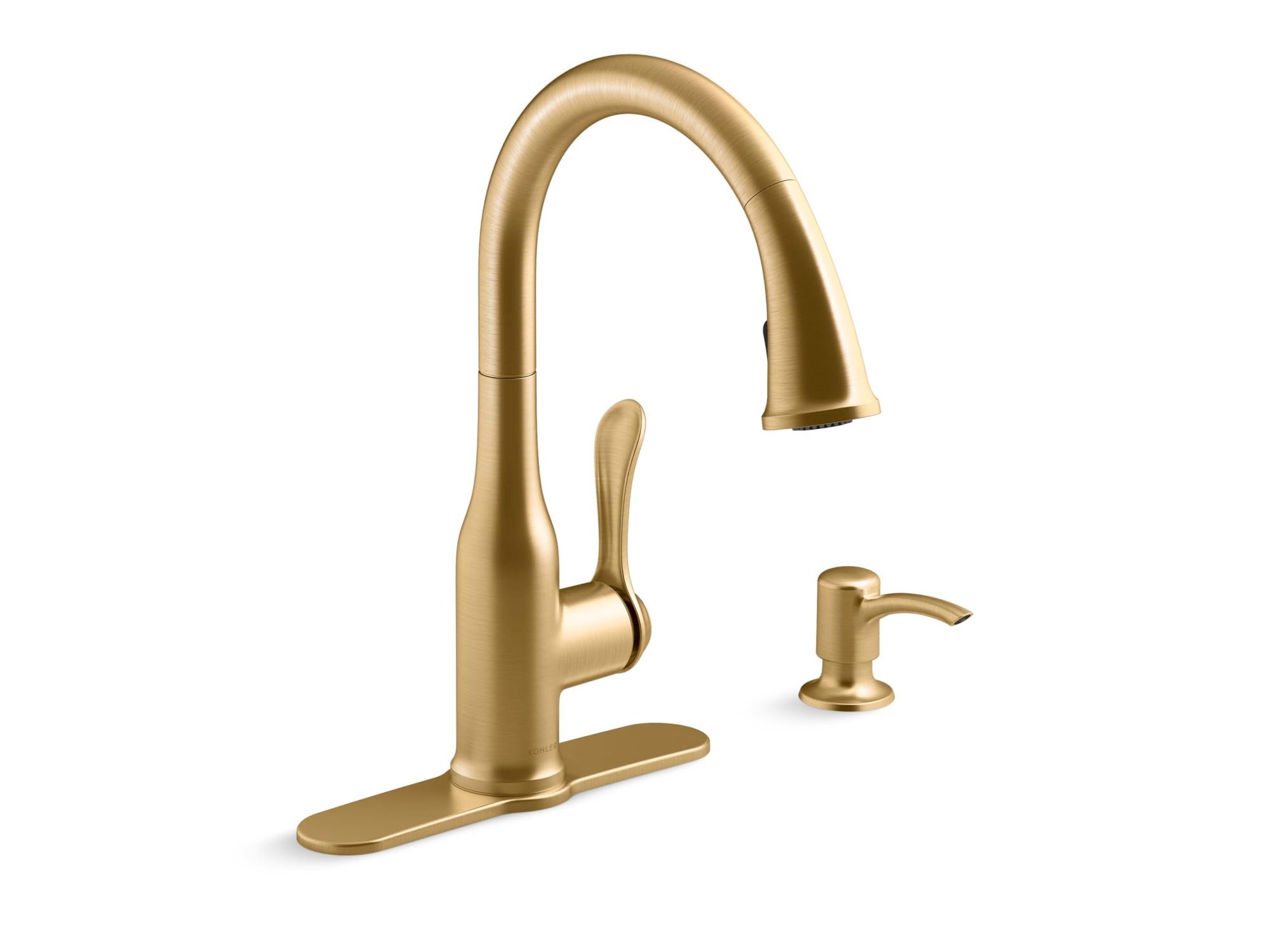KOHLER Pull Down Kitchen Faucet with Sprayer & Soap Dispenser - Brushed Brass for Modern Kitchens