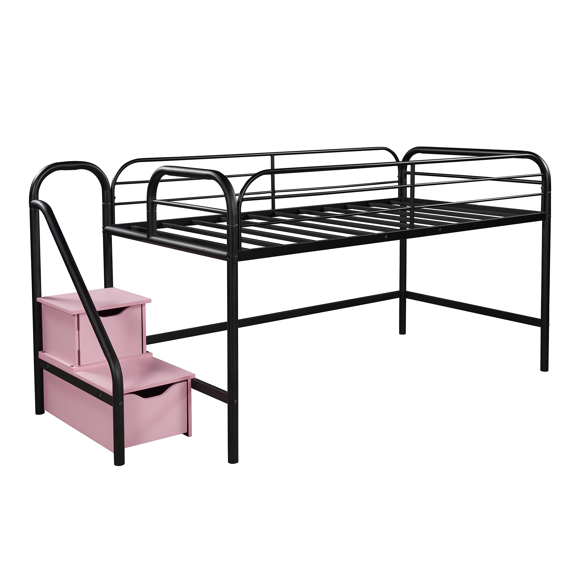 **Low Loft Twin Bed for Kids & Teens - Metal Loft Bed with 2 Storage Steps, No Box Spring Needed, Space-Saving Design - Pink, White, Blue - Perfect for Small Rooms, Dorms & Apartments**
