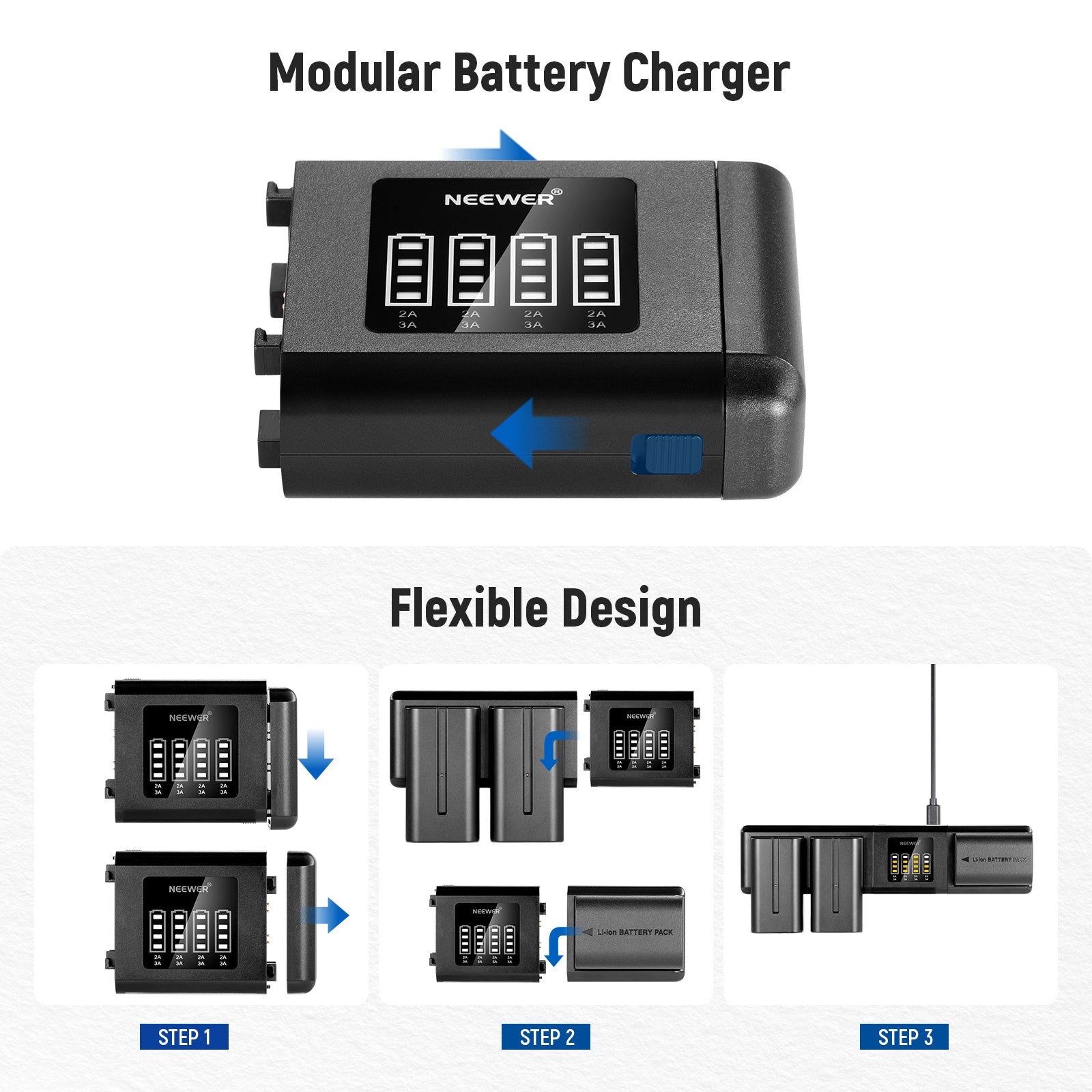 NEEWER SN4 Modular Camera Battery Charger for Sony NP-FZ100, Dual USB-C Fast Charging Station - Perfect for DSLR, Mirrorless Cameras & Vlogging Gear