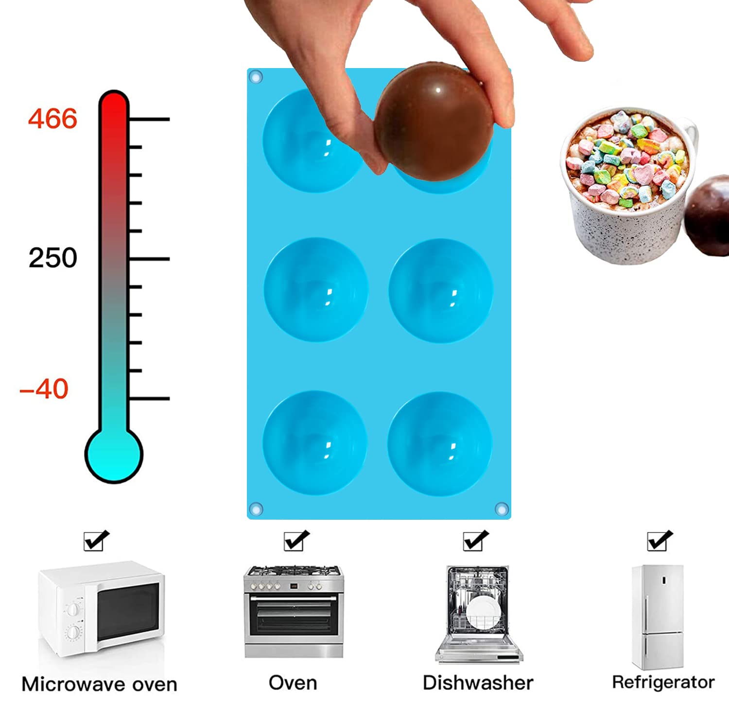Premium 2.5 Inch Silicone Hot Chocolate Bomb Mold Set - 3Pcs Large Round Semi-Sphere Chocolate Ball Molds for DIY Hot Cocoa Bombs - Perfect for Holiday Gifts, Christmas Treats & Winter Party Desserts (Blue)