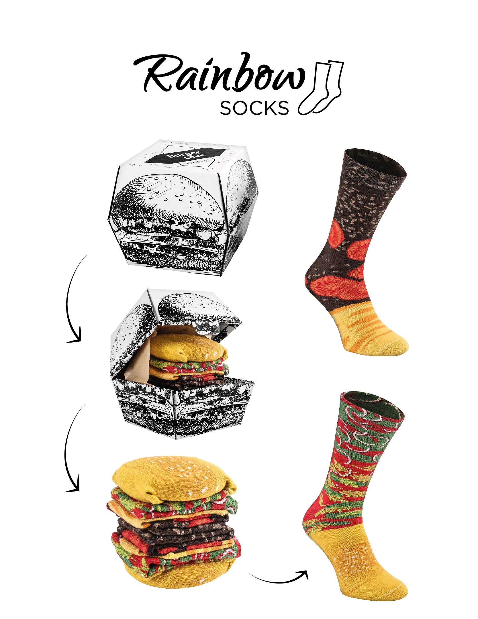 Funny Burger Socks for Men & Women - Colorful Rainbow Novelty Socks (2 Pairs) - Perfect for Costume Parties, Gag Gifts & Casual Wear