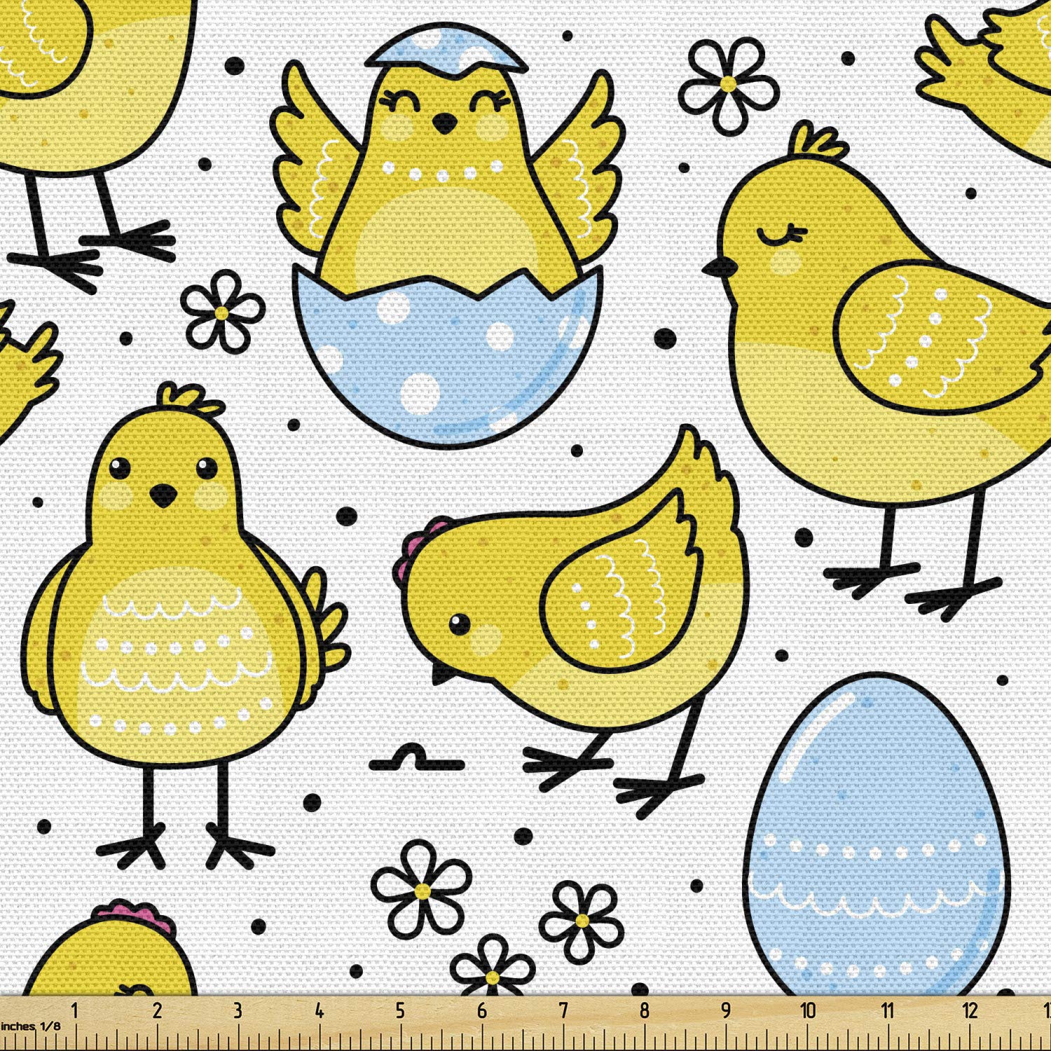 Ambesonne Farm Animal Fabric by The Yard - Chick and Cracked Easter Egg with Daisy Motifs, Yellow Pale Blue White Upholstery Fabric for Sofa, Curtains, Pillows (10 Yards) | Perfect for Spring Decor, Easter Home Accents & DIY Craft Projects