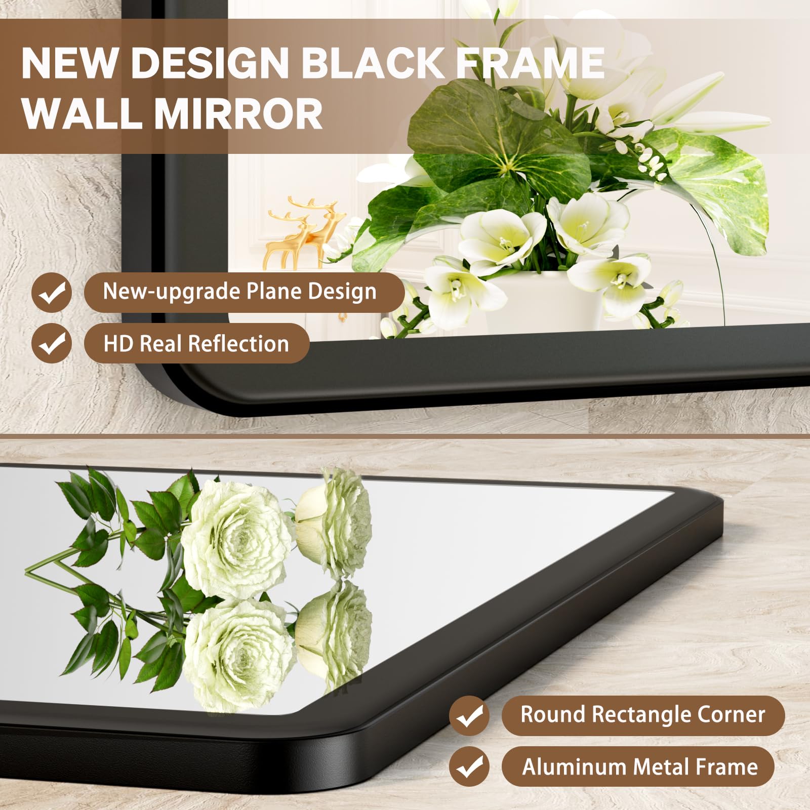 48x32 Inch Black Metal Frame Wall Mounted Bathroom Mirror - Rounded Rectangle Tempered Glass Vanity Mirror for Bathroom, Bedroom & Living Room - Perfect for Modern Home Decor and Makeup Area