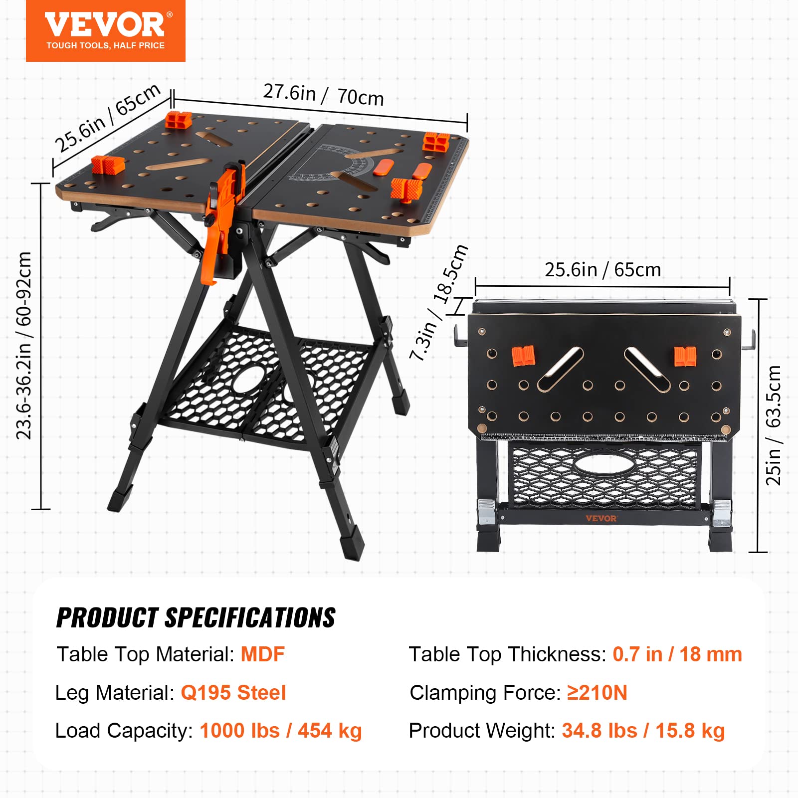 VEVOR Folding Work Table - Heavy Duty 1000 lbs Capacity Adjustable Workbench & Sawhorse, 7 Height Settings with Steel Legs, Portable Foldable Tool Stand Includes Wood Clamp, 4 Bench Dogs & 2 Hooks - Perfect for Woodworking, DIY Projects, Garage Storage and Job Site Use