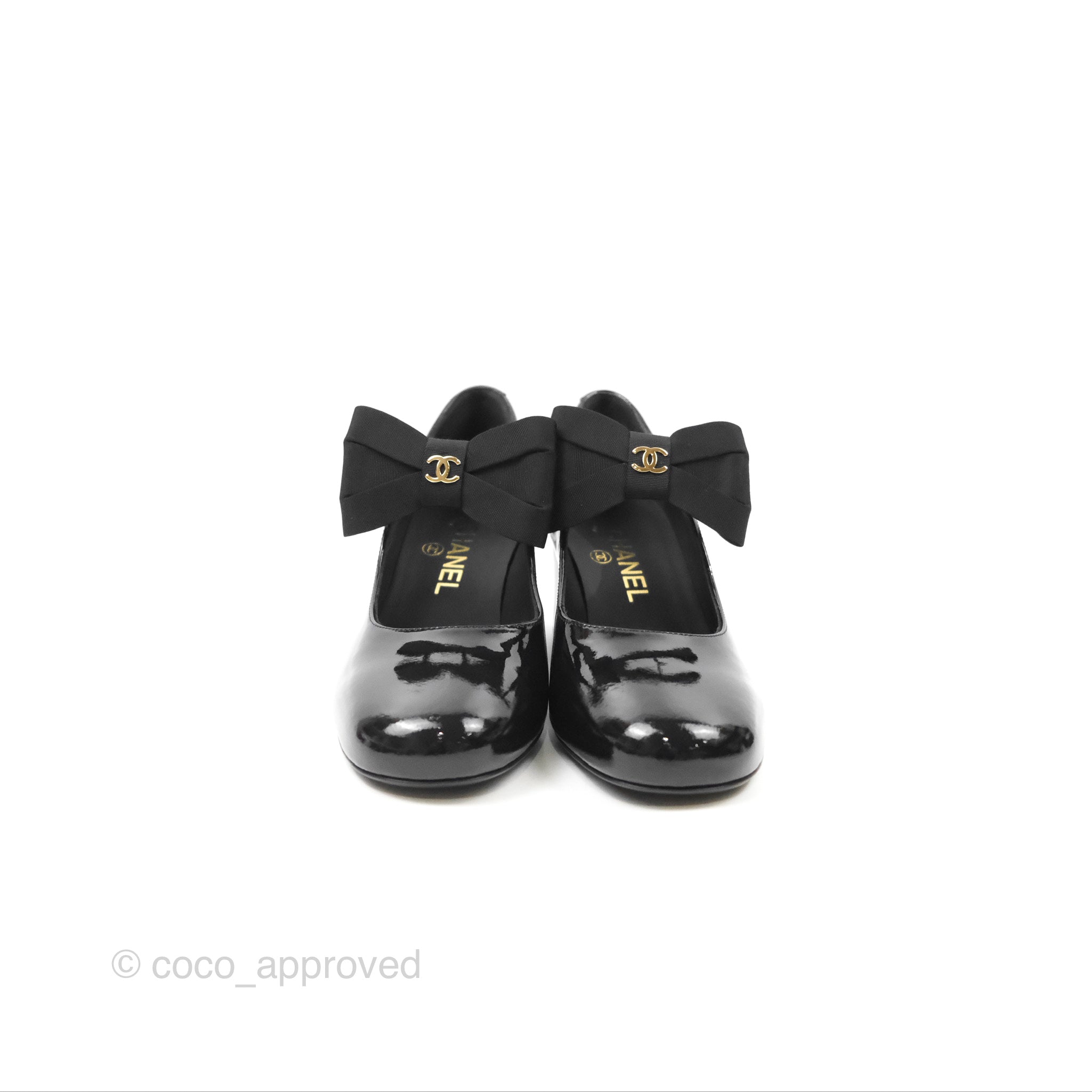 Chanel CC Ribbon Mary Jane Block Heels Black Patent Leather Pumps for Women | 24C Collection | Perfect for Weddings, Parties & Formal Occasions