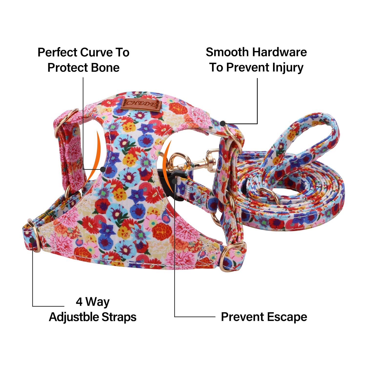 CHEDE No Pull Floral Pattern Dog Harness - Lightweight Adjustable Soft Pet Vest with Leash Set for Small & Medium Dogs - Perfect for Walking, Training & Outdoor Adventures