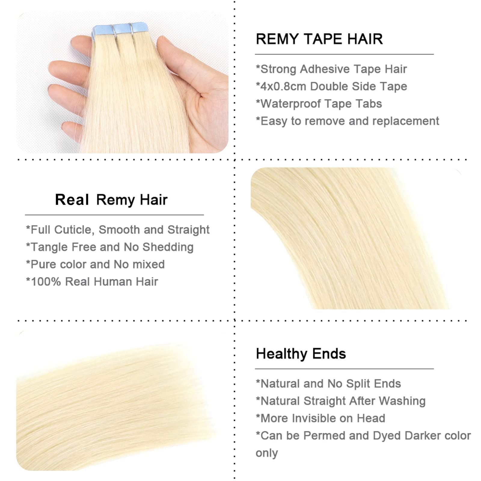 VADES Tape In Hair Extensions 20 Inch - 100% Remy Human Hair, 60 Platinum Blonde, 40 Pieces (100g) - Invisible Seamless Skin Weft for Natural Look | Perfect for Weddings, Parties & Daily Styling