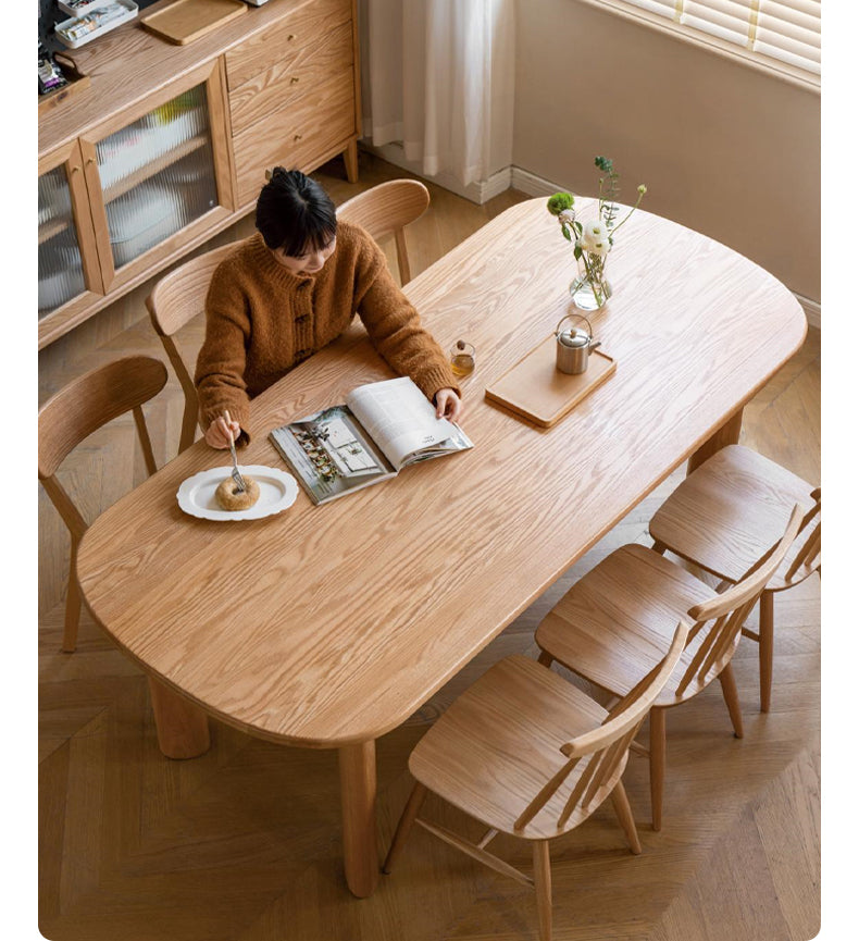 Solid Oak Wood Round Corner Long Dining Table - Rustic Farmhouse Style for Family Gatherings & Dinner Parties