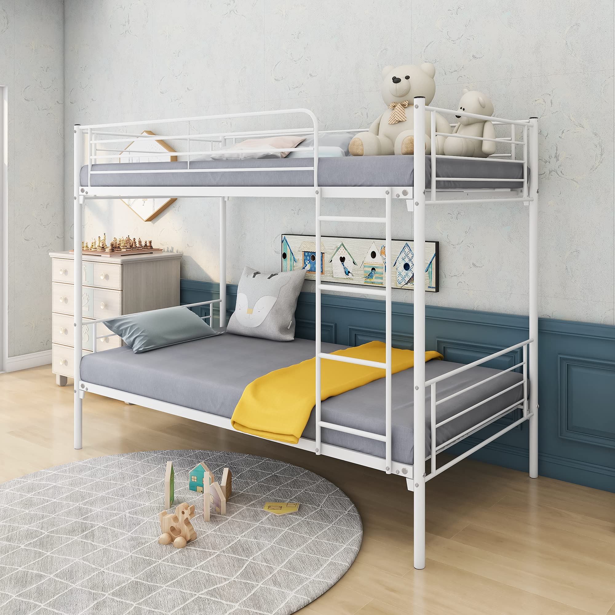 Metal Twin Over Twin Bunk Bed with Ladder - Heavy Duty Bed Frame with Safety Guardrail for Teens & Adults - Space Saving Design, Easy Assembly, No Box Spring Needed - Perfect for Kids' Rooms, Dorms & Small Spaces (White)