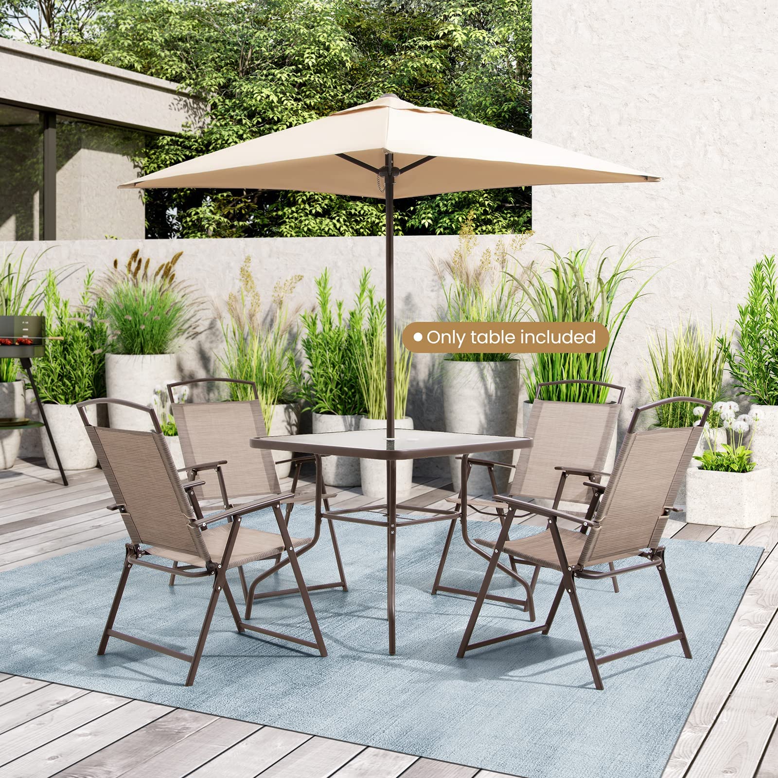 Premium Outdoor Dining Table for 4 - Square Patio Table with Umbrella Hole | Durable Tempered Glass & Metal Bistro Set for Garden, Deck, Backyard, Lawn (Brown) | Perfect for Al Fresco Dining & Outdoor Entertaining