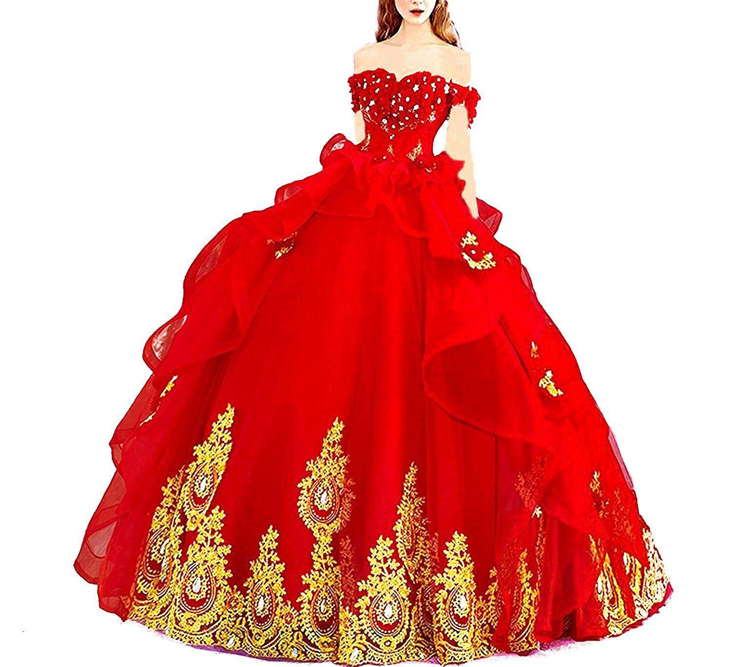 XingMeng Red Puffy Ball Gown Quinceanera Dress with Gold Applique - 2019 Prom Dress for Sweet 16, Homecoming, and Formal Events