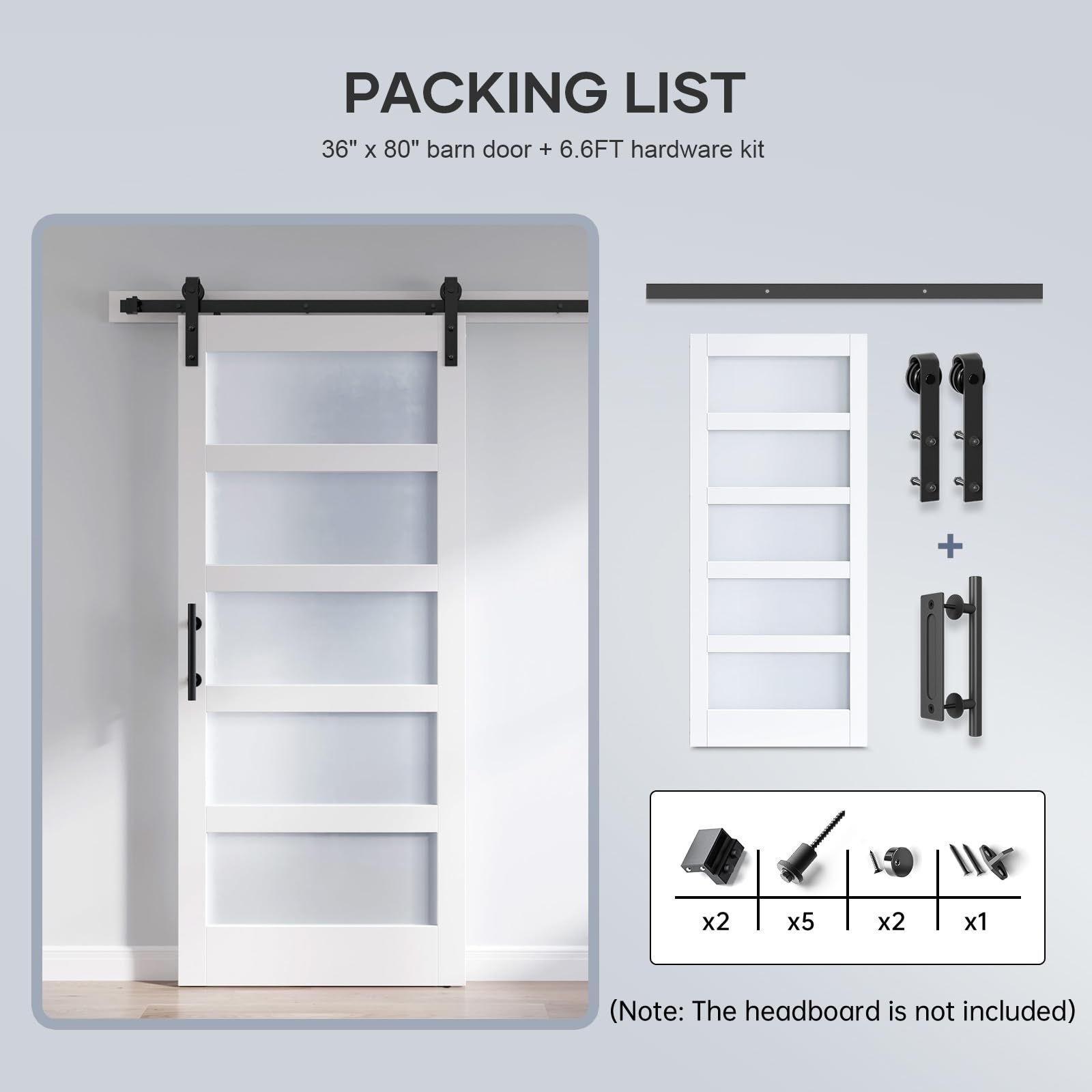 36x80 Inch Frosted Glass Sliding Barn Door with 6.6ft Hardware Kit - White Waterproof & Scratch-Resistant PVC Coated LVL Wood Panel - Easy DIY Installation for Bedroom, Closet, or Office Partition