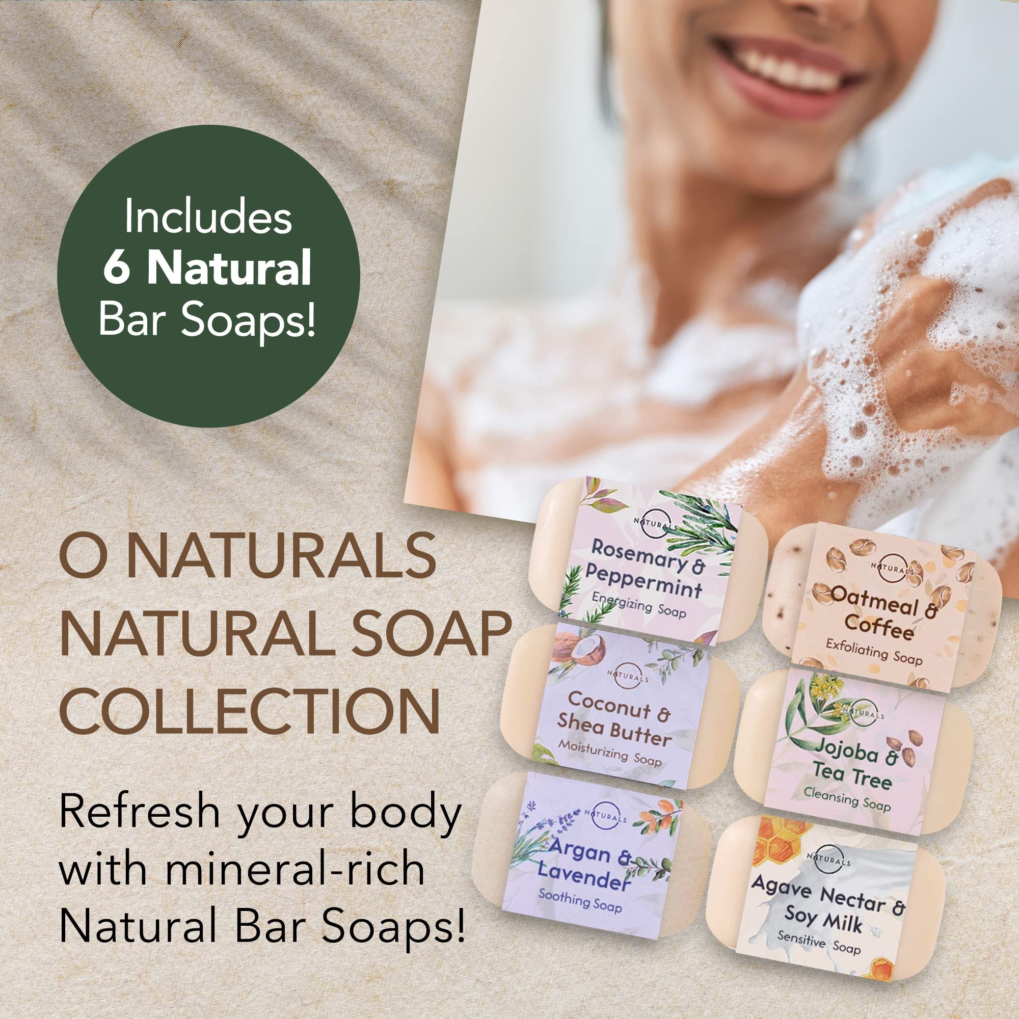 O NATURALS 100% Natural Bar Soap Gift Set - 6 Organic Soap Bars with Essential Oils for Women & Men - Spa, Body Wash & Acne Face Soap - Triple Milled Luxury Soap for Daily Skincare & Relaxation Gifts