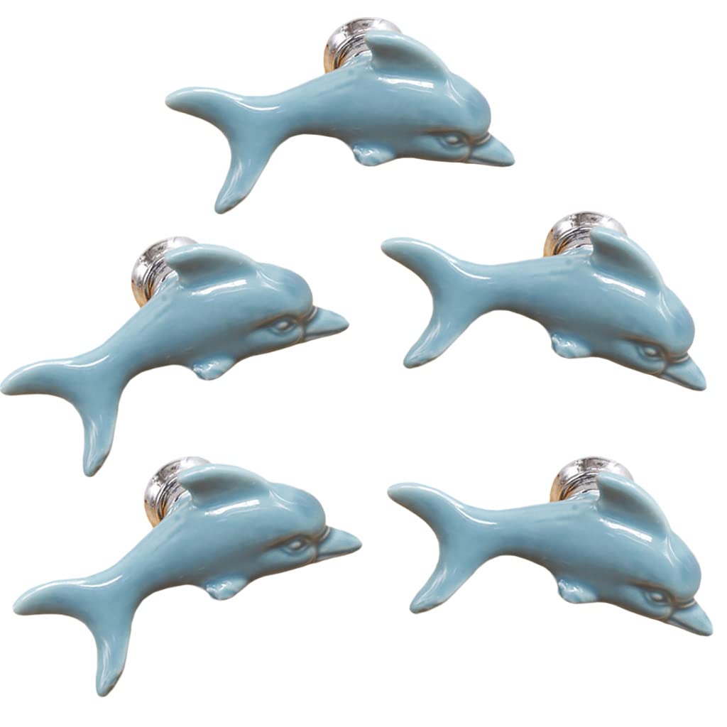5Pcs Dolphin Ceramic Drawer Knobs for Kids - Cute Cartoon Cabinet Handles for Dresser & Bookcase (Blue) - Nursery & Playroom Decor