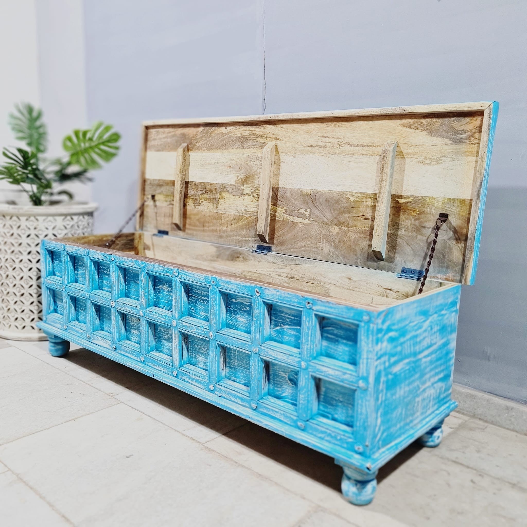 Handmade Carved Indian Solid Hardwood Blanket Chest - Rustic Blue Storage Box 55