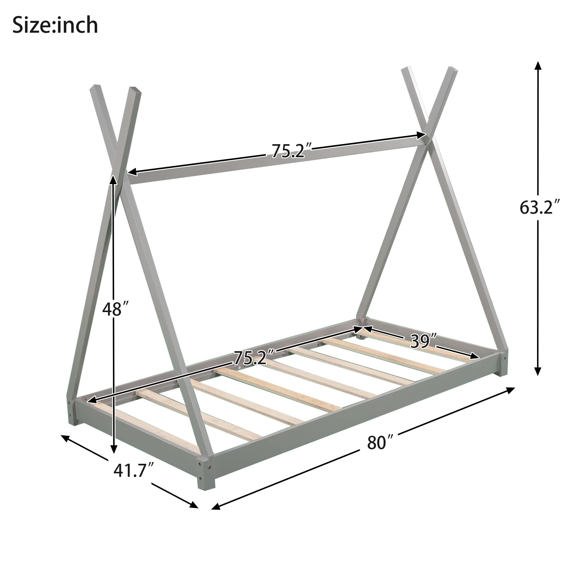 Rhomtree Solid Wood Twin Bed for Kids - Sturdy Triangle Structure, Low Platform Design, No Box Spring Required (Gray) - Perfect for Children's Bedrooms, Guest Rooms & Small Spaces