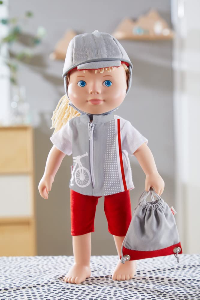 HABA 12 Inch Baby Doll Clothes Set - Bike Time Outfit with Helmet, Leggings, Shirt & Backpack | Doll Accessories for Pretend Play & Gift Giving