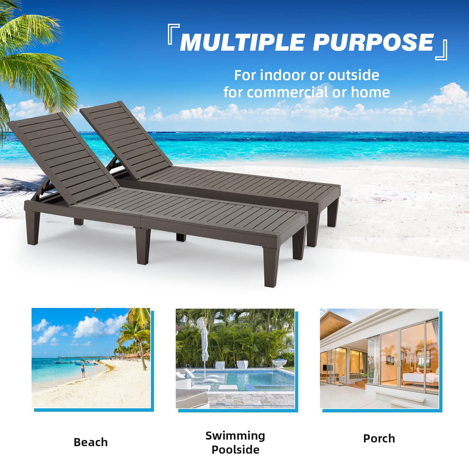 EROMMY 2-Pack Outdoor Chaise Lounge Chairs - All-Weather Patio Loungers with 5-Position Adjustable Backrest & Wood Texture Design - Reclining Chairs for Patio, Garden, Beach, Poolside, Balcony - Perfect for Sunbathing, Relaxing and Outdoor Lounging