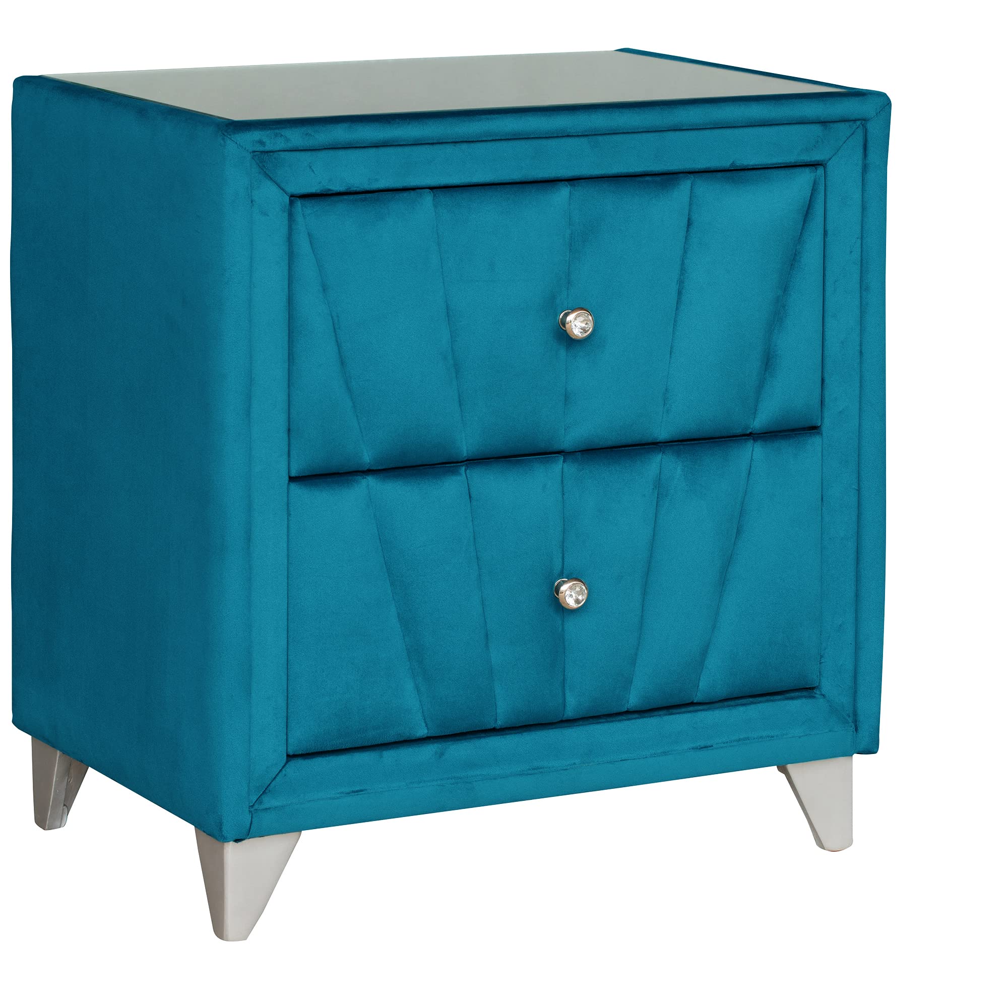 Luxury Upholstered Wooden Nightstand with 2 Drawers - Velvet Fabric & Glass Top End Table for Bedroom, Living Room, Hallway - Blue & Glass Design | Perfect for Bedside Storage, Home Decor & Small Space Organization