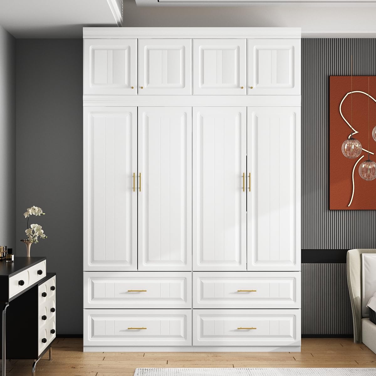 MOUMON 4-Door Wardrobe Closet with Drawers & Shelves, White Armoire Cabinet with Hanging Rod & Gold Metal Handles - 63