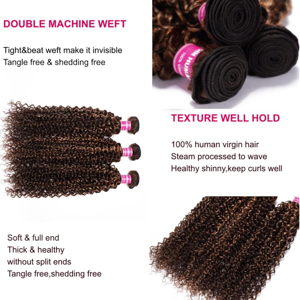 Julia Hair Highlight Honey Blonde 12A Brazilian Curly Human Hair Weave Extensions - 3 Bundles (14/16/18 Inch) for Sew-in, Jerry Curly Style - Perfect for Daily Wear, Parties & Special Occasions