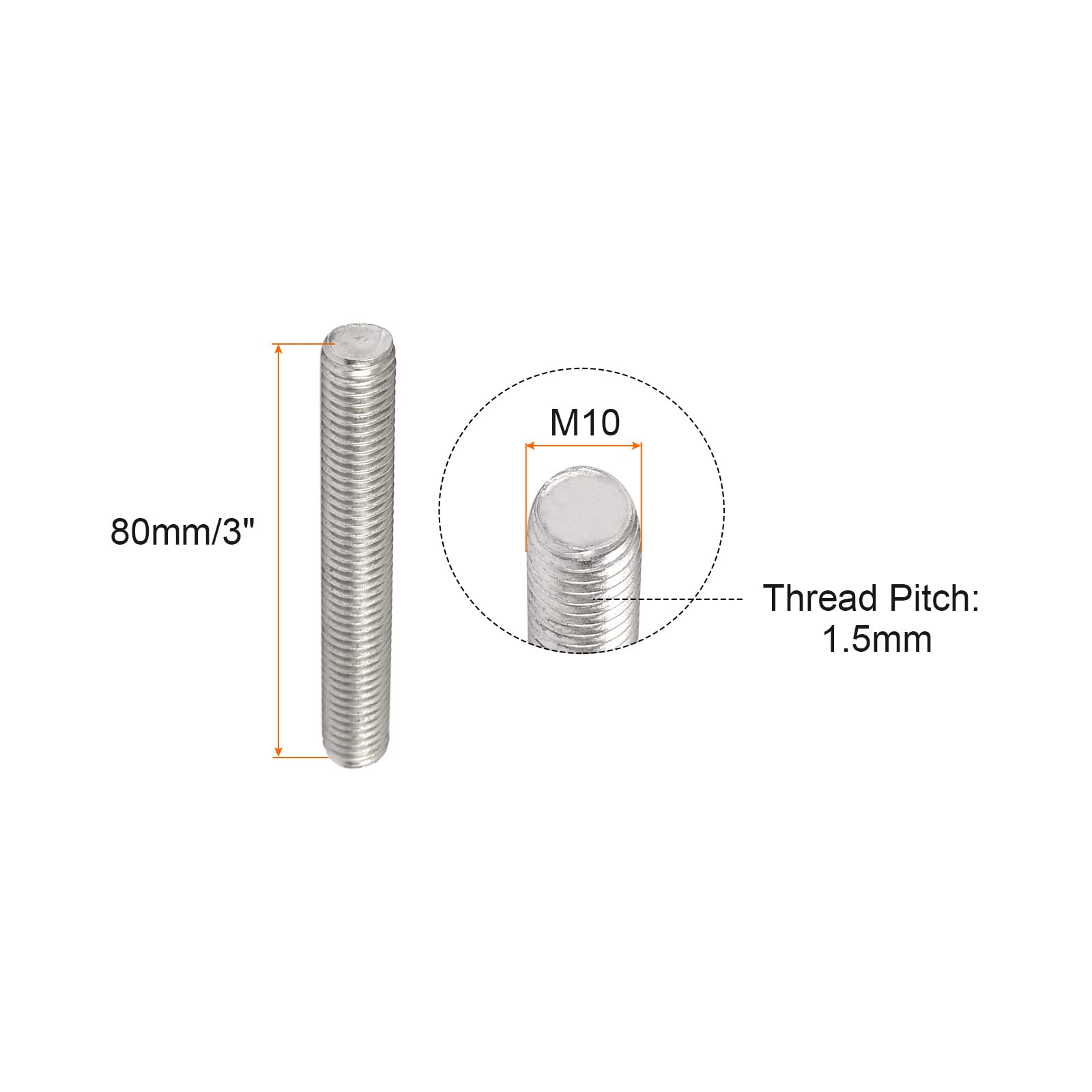Stainless Steel Threaded Rod M10x80mm - 10 Pack for Clamps & U-Bolts