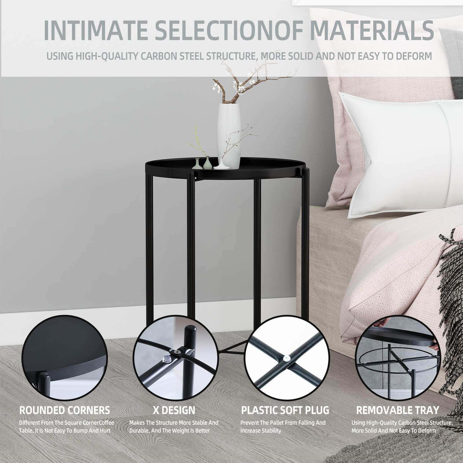 Round Metal Tray End Table - Waterproof Modern Side Table with Removable Tray for Living Room, Bedroom, Balcony & Lounge - Perfect as Coffee Table, Nightstand or Sofa Side Table (Black)