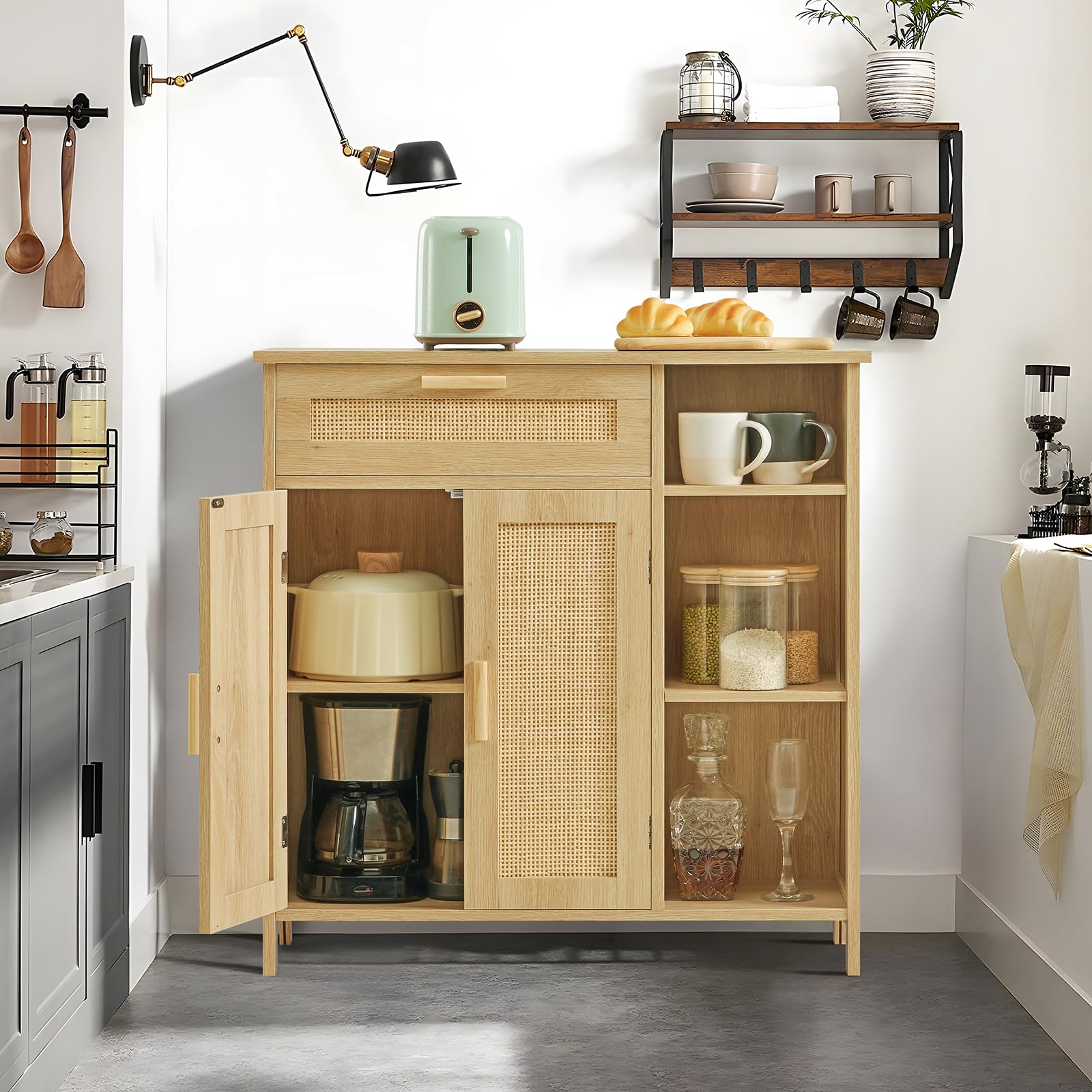 Rattan Storage Cabinet with Drawer & Adjustable Shelves - Natural Weave Sideboard Buffet for Living Room, Entryway, Dining Room - Perfect for Home Organization and Stylish Storage Solutions
