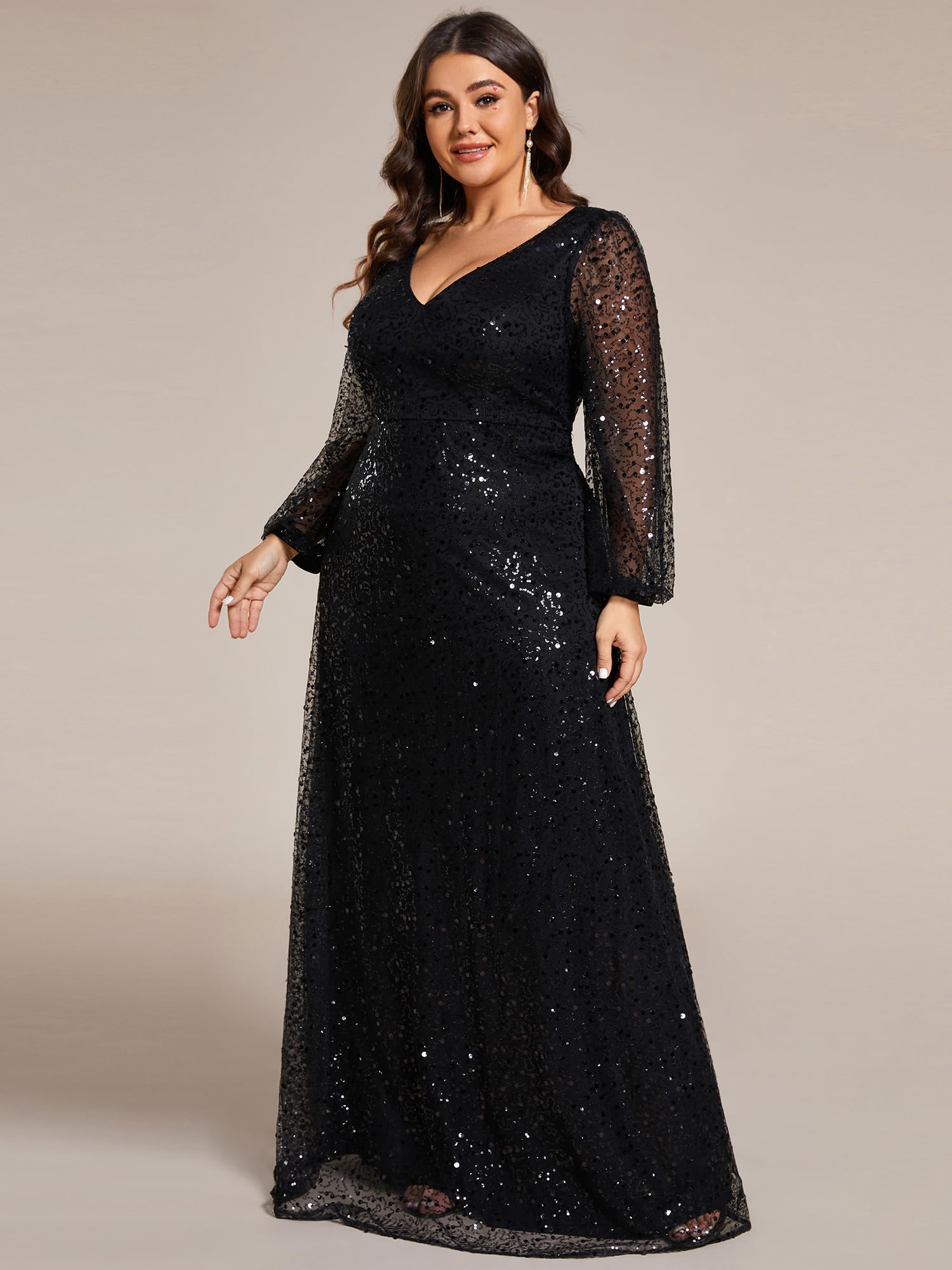 Ever-Pretty Women's Plus Size Sequin Formal Dress A-Line V-Neck Long Sleeve Sheer Evening Gown 01999-DA | Perfect for Prom, Wedding Guest, Cocktail Party & Special Occasions
