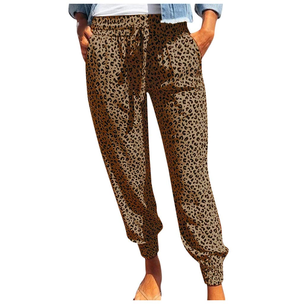 Women's Casual Summer Leopard Print Linen Pants - High Waisted Athletic Trousers for Women, Comfortable Long Pants for Yoga, Travel & Everyday Wear