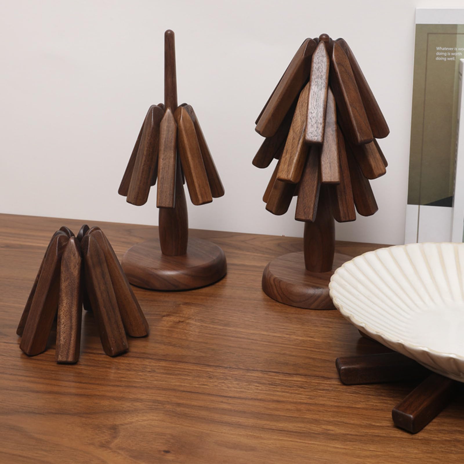 Heat Resistant Wooden Trivet Set of 3 - Non-Slip Foldable Christmas Tree Shaped Coasters for Pots, Pans, Plates & Drinks - Perfect for Holiday Dining, Kitchen Protection & Table Decor