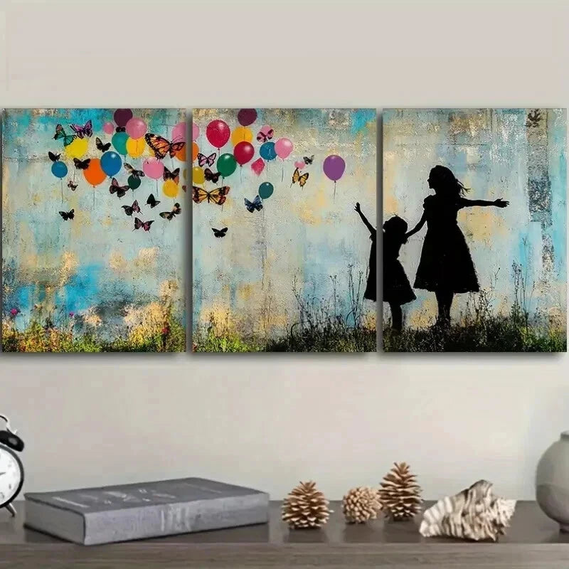 3-Piece Little Girl and Butterfly Balloon Wall Art Set - Framed Canvas 50x70cm - High Quality Print - 100% Australian Made - Ready to Hang - Perfect for Nursery, Kids Room Decor & Birthday Party Wall Decor