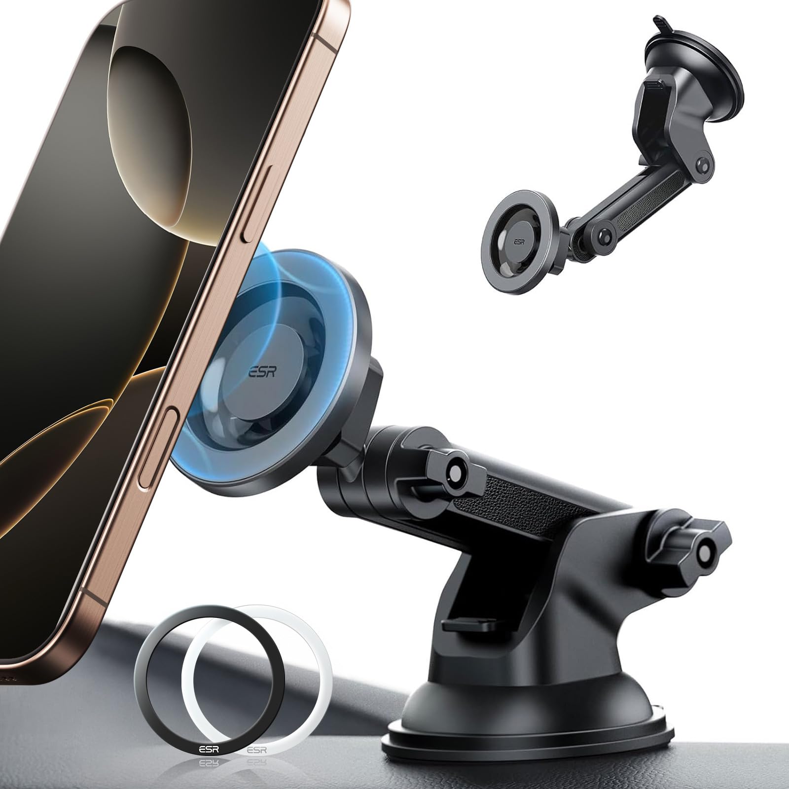 ESR Magnetic Car Phone Holder for iPhone & Samsung - Dashboard & Windshield Mount with 2 Metal Rings - Perfect for Safe Driving