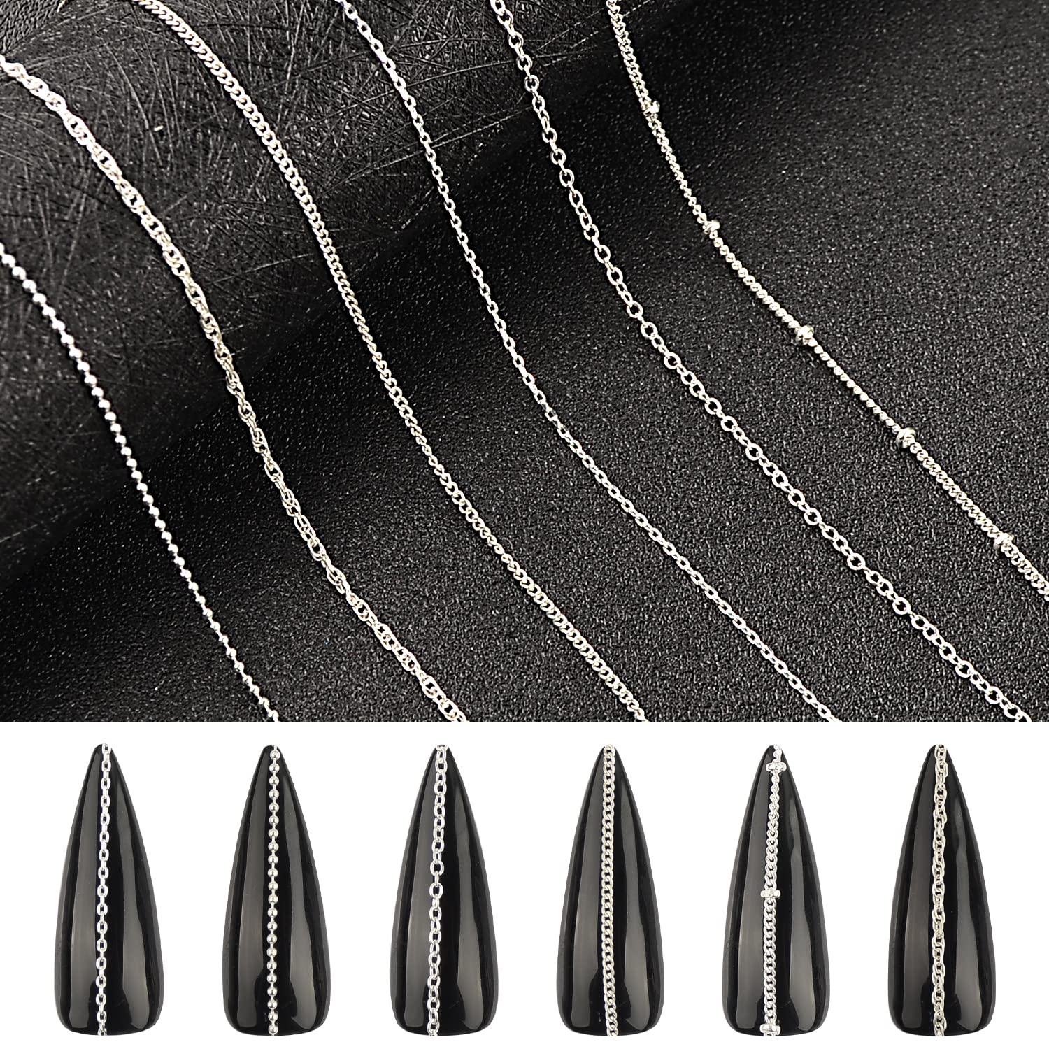 6 Strips 3D Metal Nail Art Chains - Silver Punk Nail Studs & Beads for Nail Decoration | DIY Manicure Jewelry Accessories for Punk, Gothic & Festival Nail Art Designs