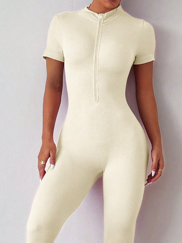 ZASUWA Women's Ribbed Zipper Short Sleeve Jumpsuit - Stylish Casual Romper for Summer Outings & Beach Vacations