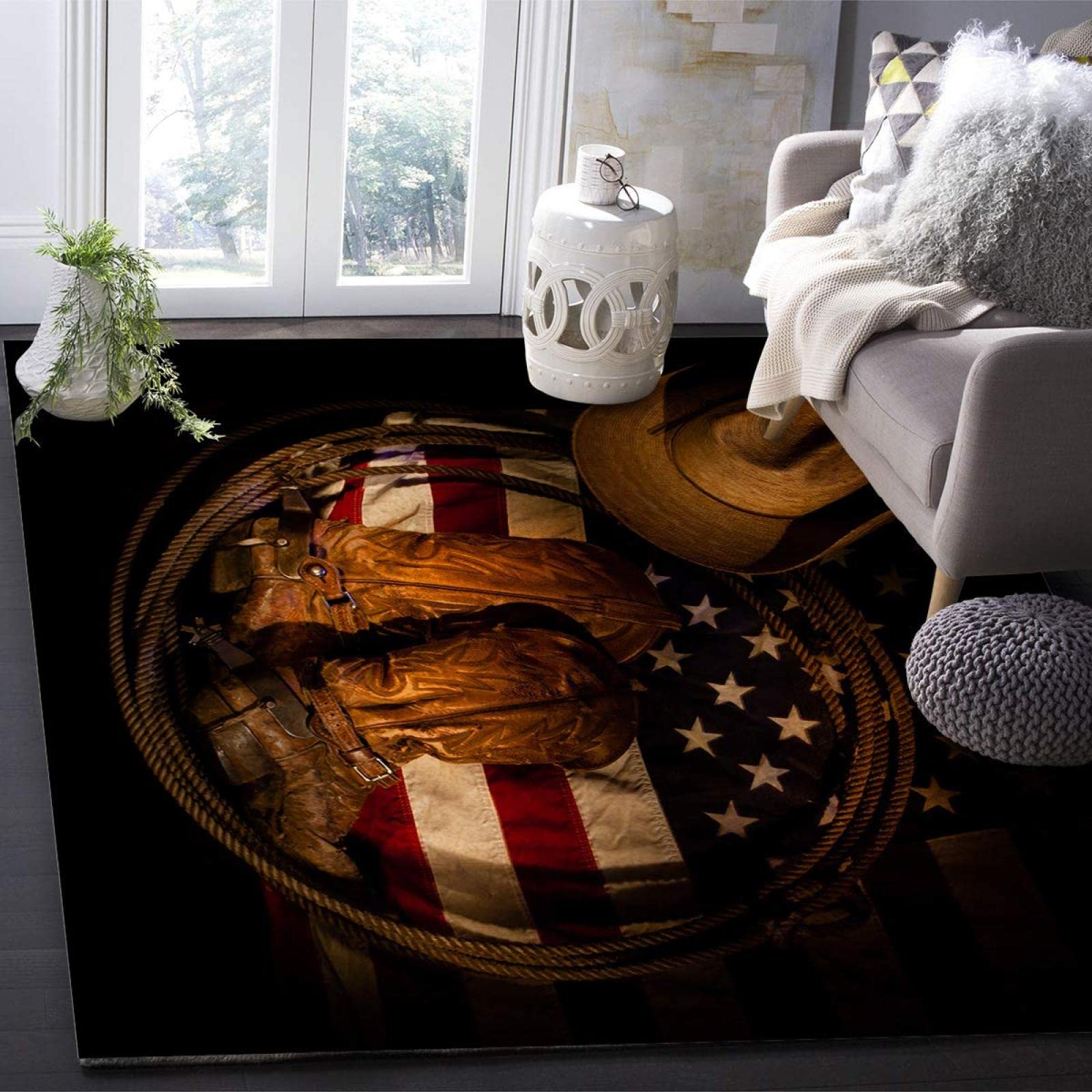 Western Cowboy Boots & Hat Area Rug - American Flag Soft Washable Carpet for Kids Nursery, Bedroom, Living Room - 6' x 4' Cowboy Decor Rug for Boys & Girls - Perfect for Western Themed Rooms, Play Areas & Home Decor