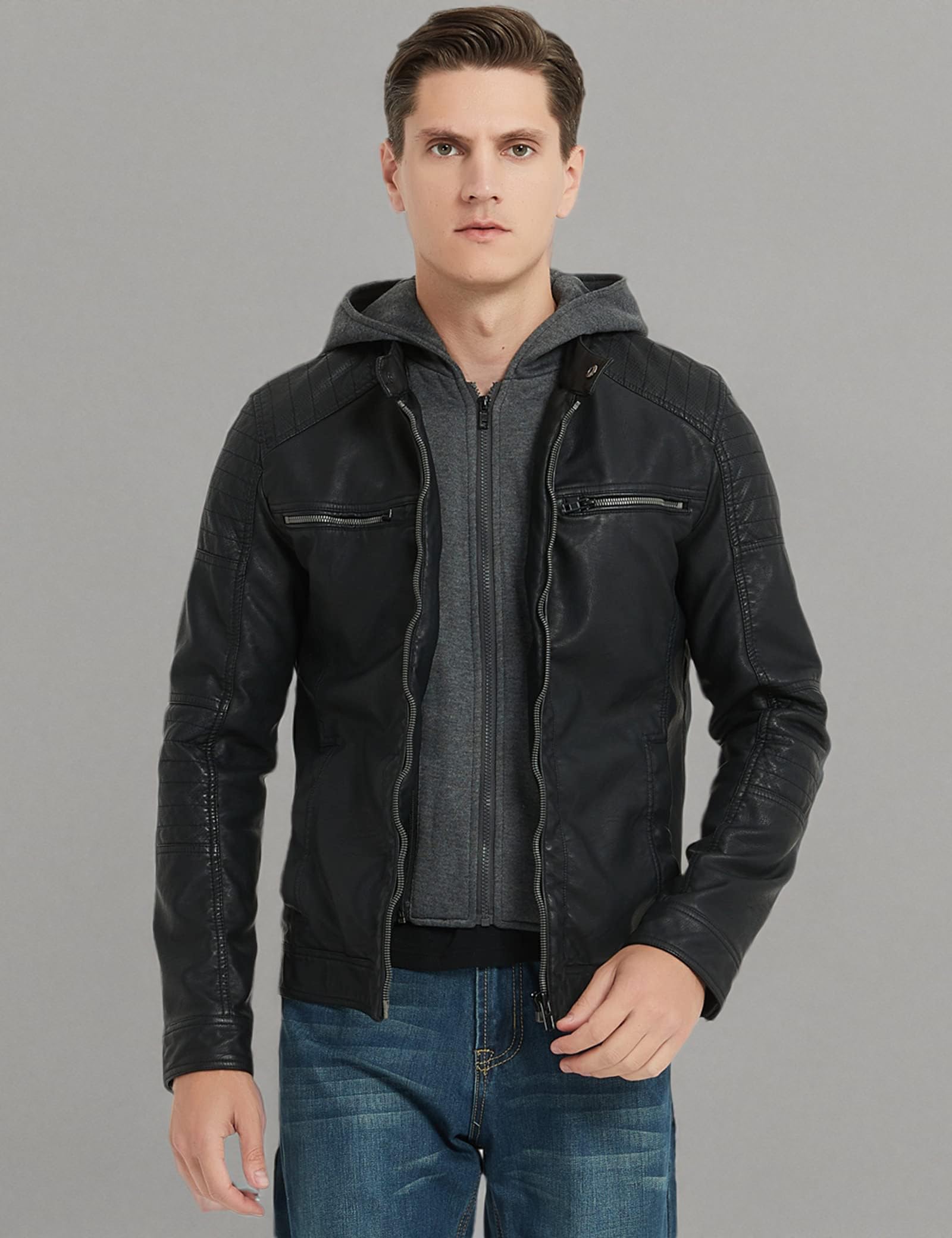 RISISSIDA Men's Faux Leather Bomber Jacket - Warm Double Zipper Coat with Detachable Hood for Fall, Winter & Spring | Stylish Outerwear for Casual Wear, Night Out & Motorcycle Riding