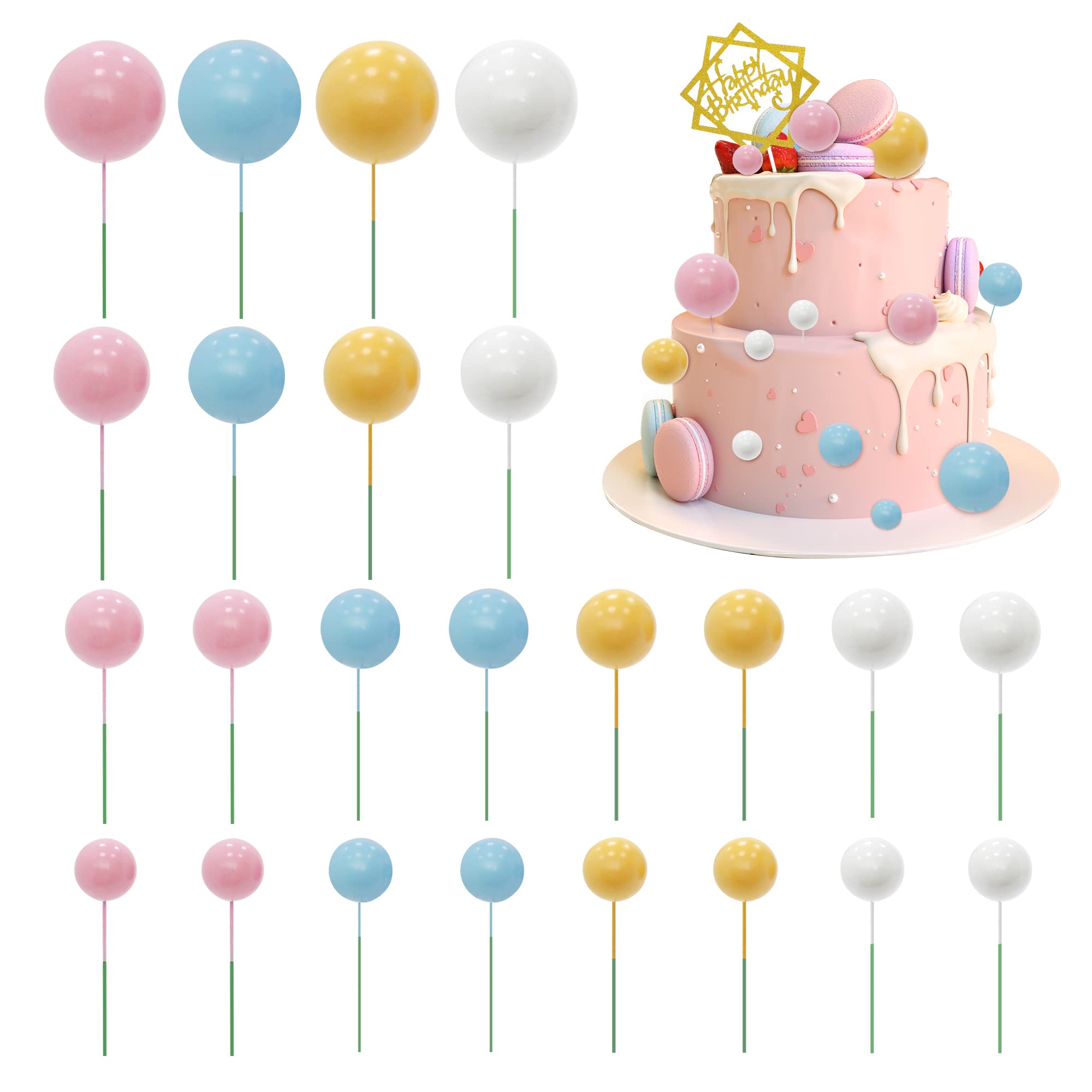 Vibrant Gold Cake Topper Balls - 24 Pcs Multi-Color & Size Cake Decorations for Birthday, Baby Shower, Wedding (Pink, Blue, Yellow, White) - Perfect for Dessert Tables, Cupcake Toppers & Party Centerpieces
