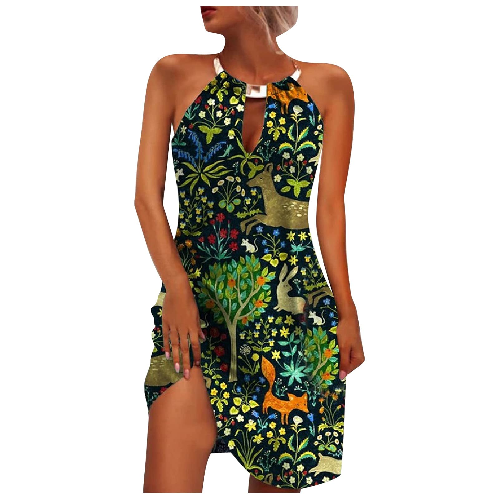 Women's Summer Sleeveless Mini Dress with Adjustable Buckle & Metal Hanging Neck - Floral Print Cocktail Party Dress for Beach, Vacation, and Night Out
