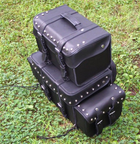 Motorcycle Sissy Bar Bags & T-Bags Set - 4 Piece Leather Luggage with Padded Backrest & Studded Design for Harley, Cruiser Bikes | Long Distance Riding & Road Trips