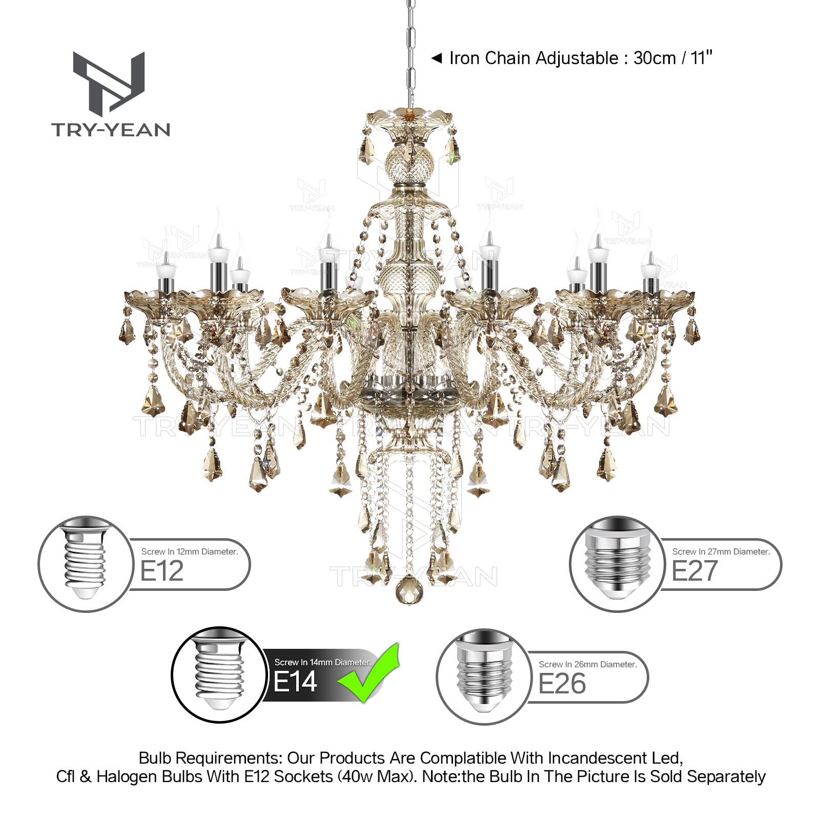 Modern 10-Light Cognac Chandelier with K9 Crystal Glass & Adjustable Chain - Classic Candle Style Ceiling Pendant Light for Bedroom, Dining Room, Hallway (E12 Base) - Perfect for Romantic Dinners, Wedding Decor & Luxury Home Lighting