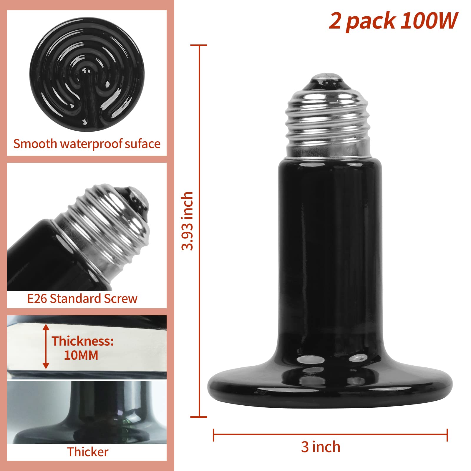 100W Ceramic Heat Emitter (2 Pack) - Reptile Heat Lamp Bulbs for Lizards, Snakes & Amphibians | Ceramic Heater for Pet Brooder Coop, Chicken, Dog & Cat | Ideal for Terrariums, Incubators & Pet Heating