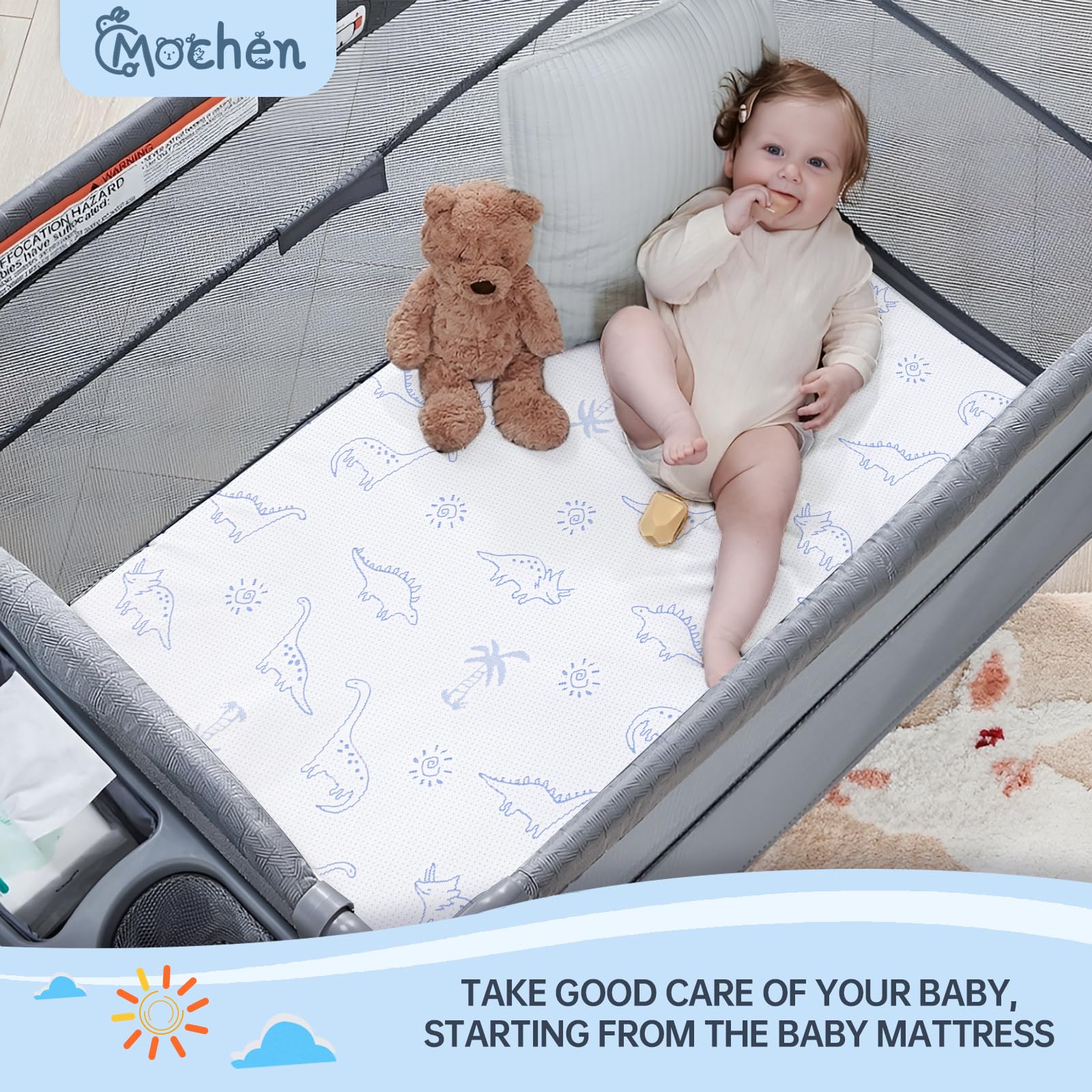 **Mochen Dual-Sided Memory Foam Pack and Play Mattress Pad for Babies & Toddlers – 38x26 Inch Portable Mini Crib Mattress with Ultra-Soft Dinosaur Cover, Removable & Washable – Perfect for Travel, Daycare & Home Nursery**